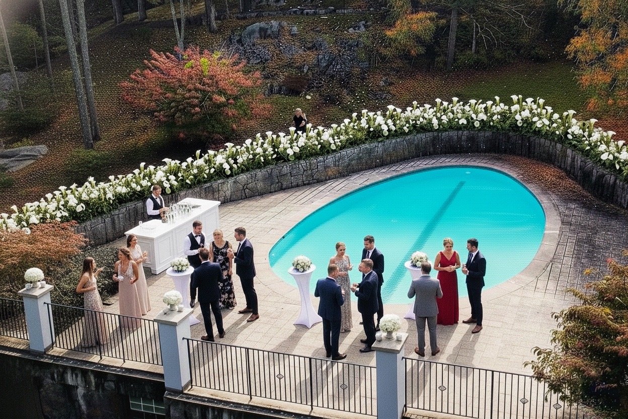 Poolside cocktail hour during an intimate wedding celebration in Westchester County, New York