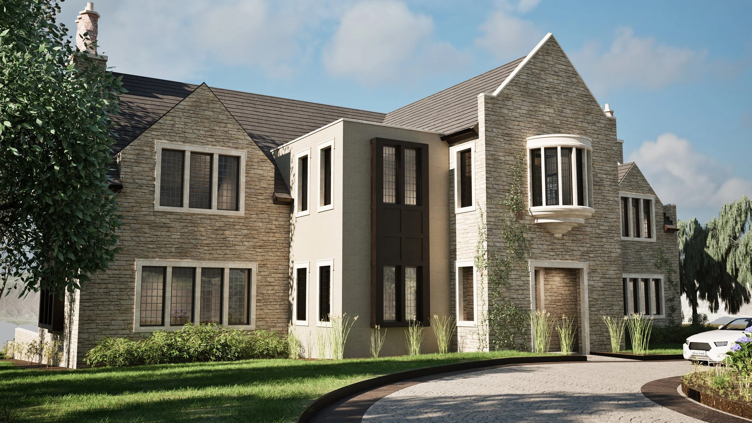3-D rendering of a two-story stone manor with steep gables, bay window and circular driveway.