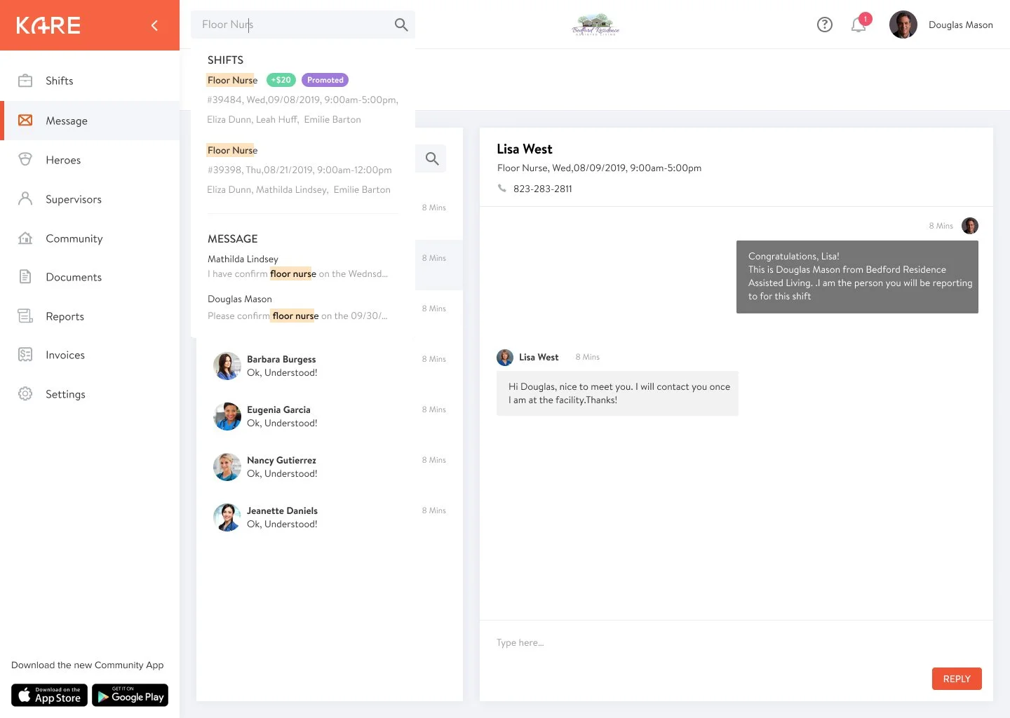 Secure in-app messaging between care facilities and shift workers