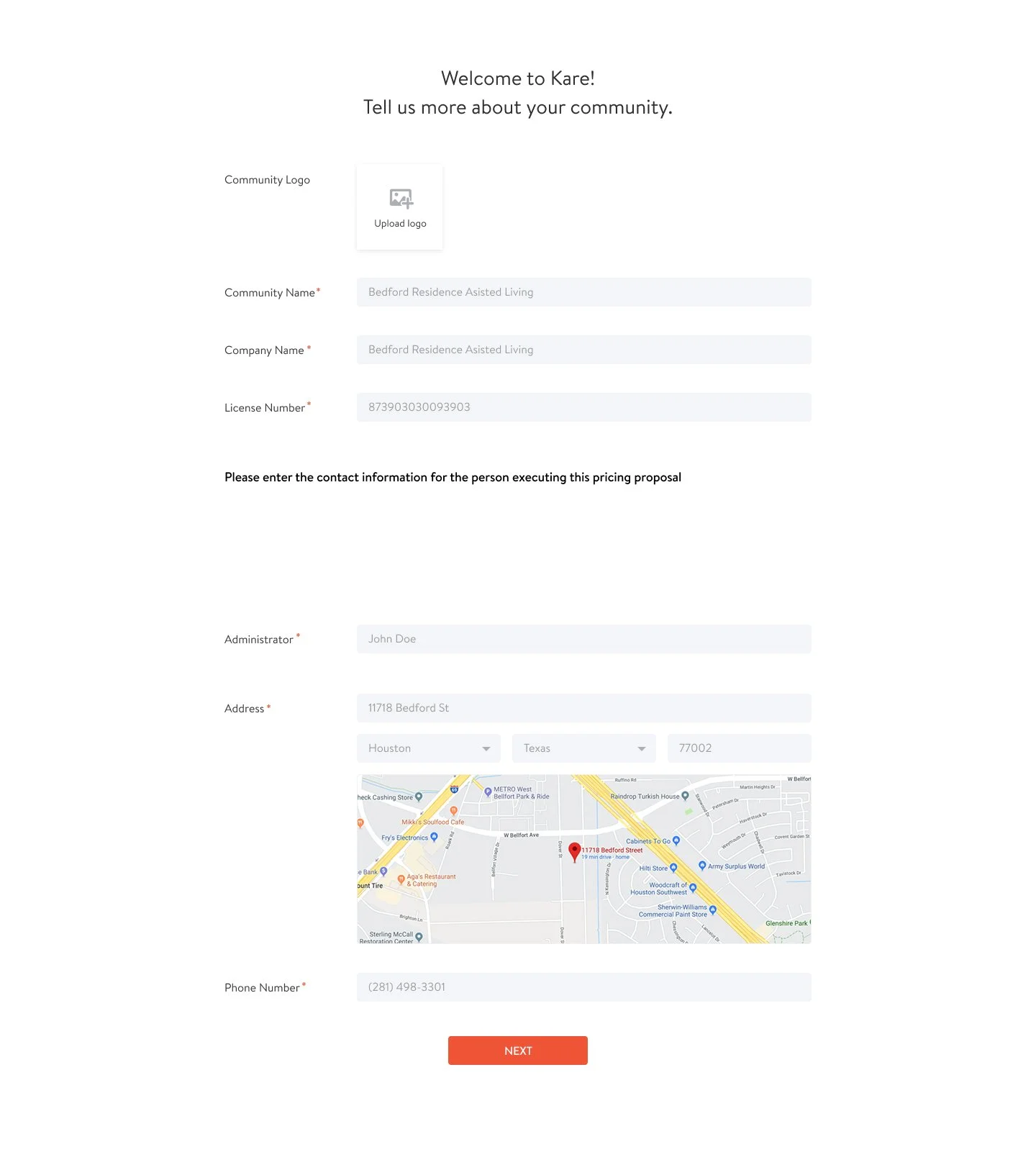 Self-serve facility onboarding, with geolocation via Google Maps API integration