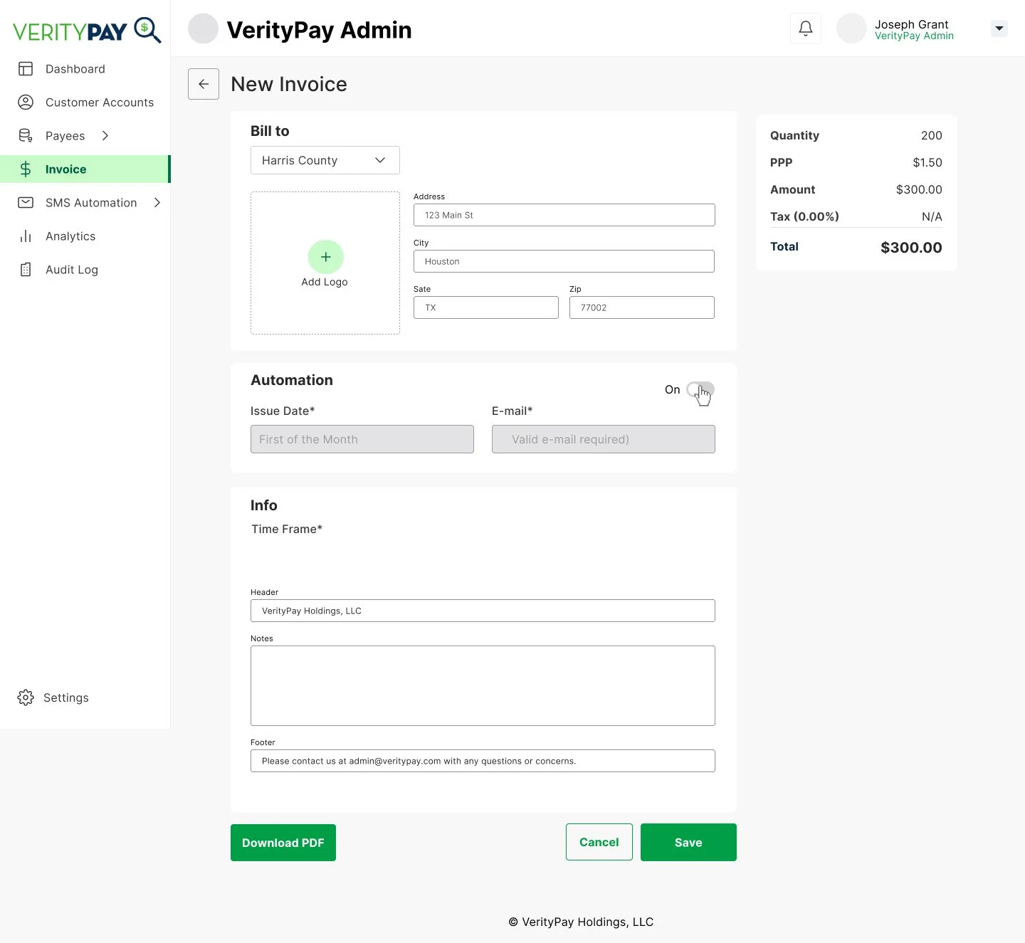 Built in invoicing system