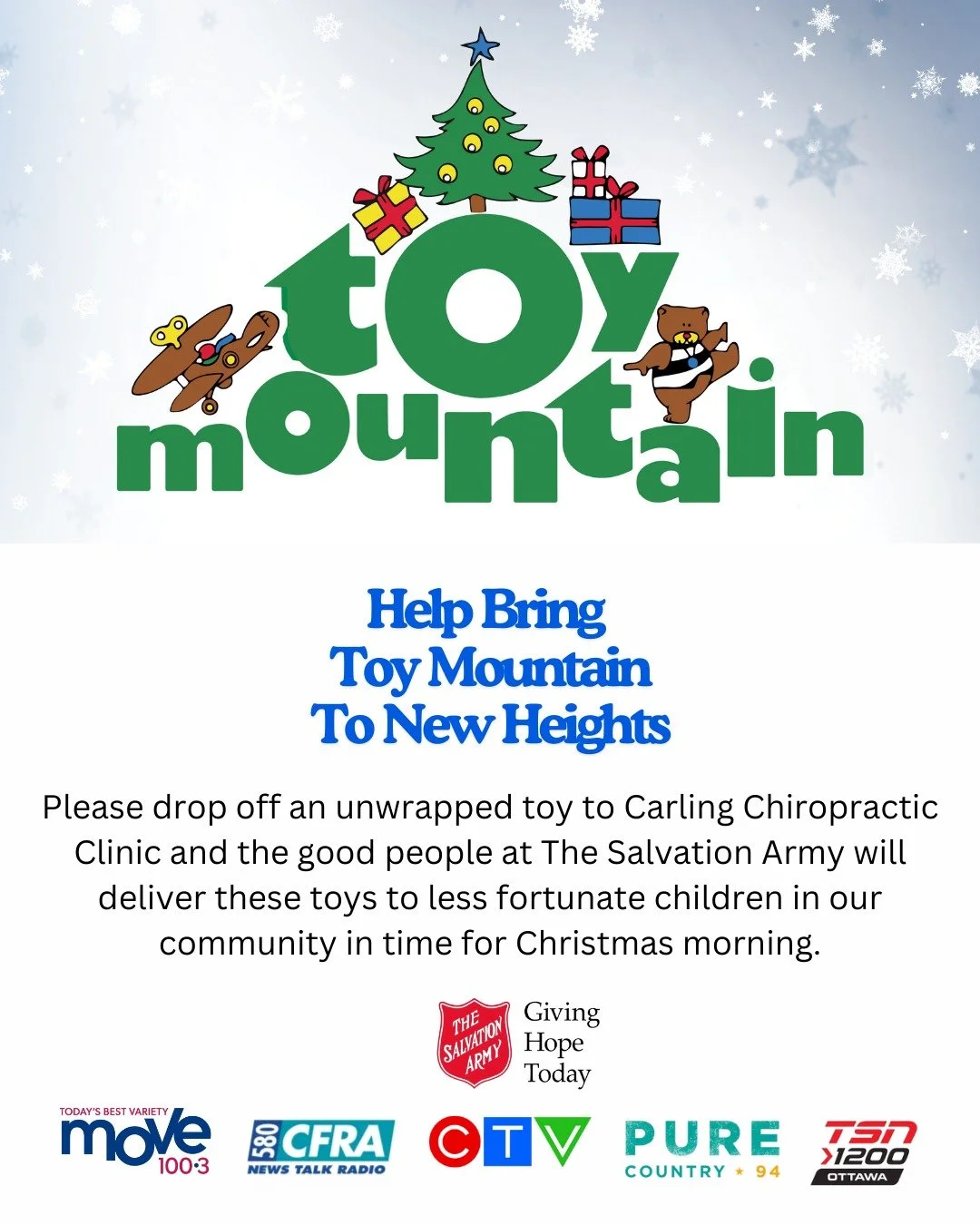 It's that time of the year again 🎄

Kindly drop off an unwrapped toy to our location and the good people at @salvationarmycanada will deliver these toys to less fortunate children in our community in time for Christmas morning.

We are happily accep