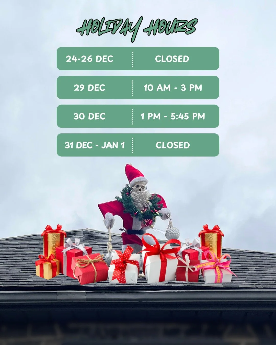 We're grateful for the opportunity to serve you this holiday season at our clinic! Please take note of our special holiday clinic hours:

Dec 24 to Dec 26: Closed
Dec 29: 10:00am to 3:00pm
Dec 30: 1:00pm to 5:45pm
Dec 31 - Jan 1: Closed
Jan 2: 1:00pm