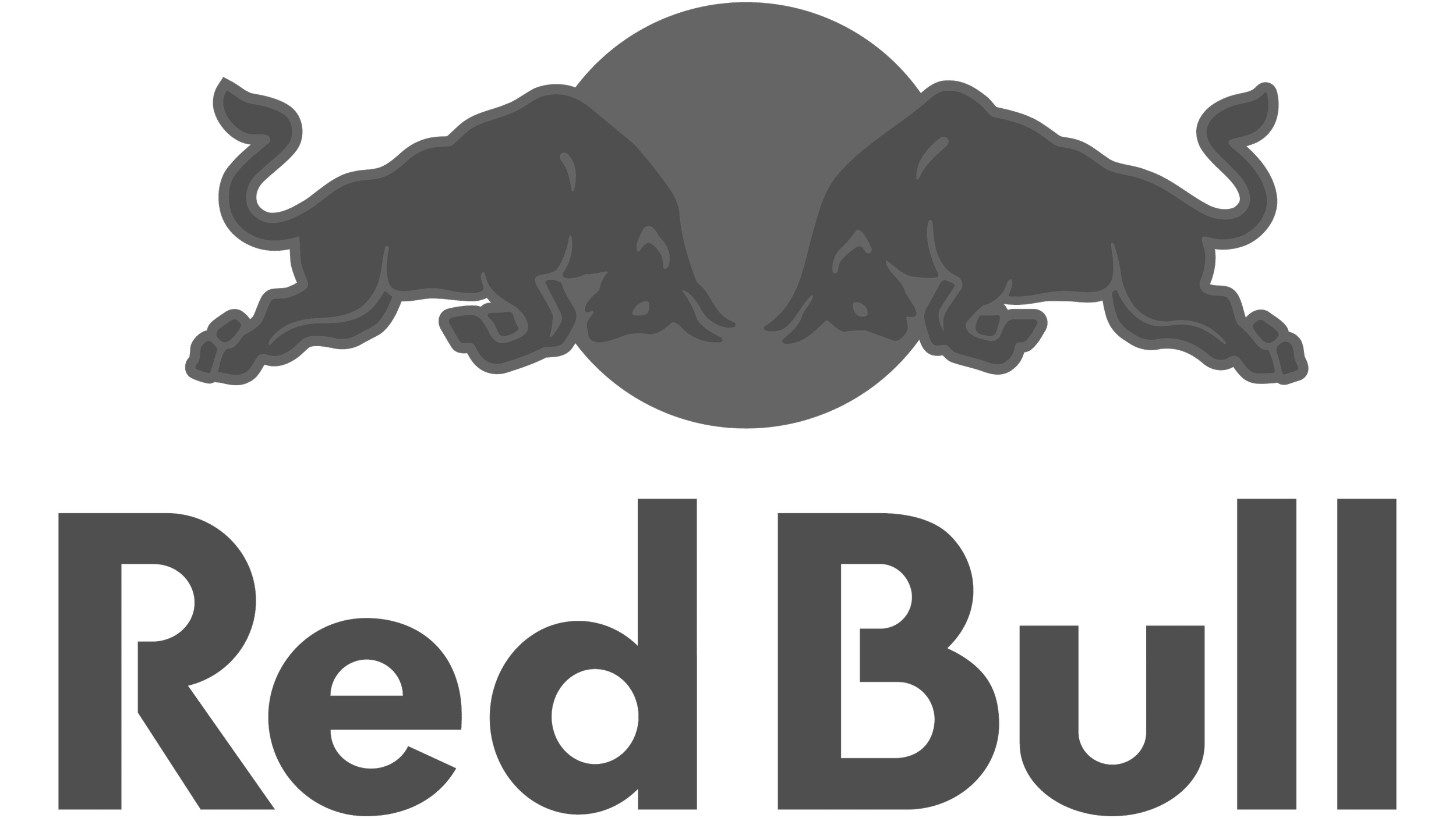 Black background with the logo of Red Bull, featuring two gray bulls facing each other with a gray circle in between, above large gray text that reads "Red Bull".