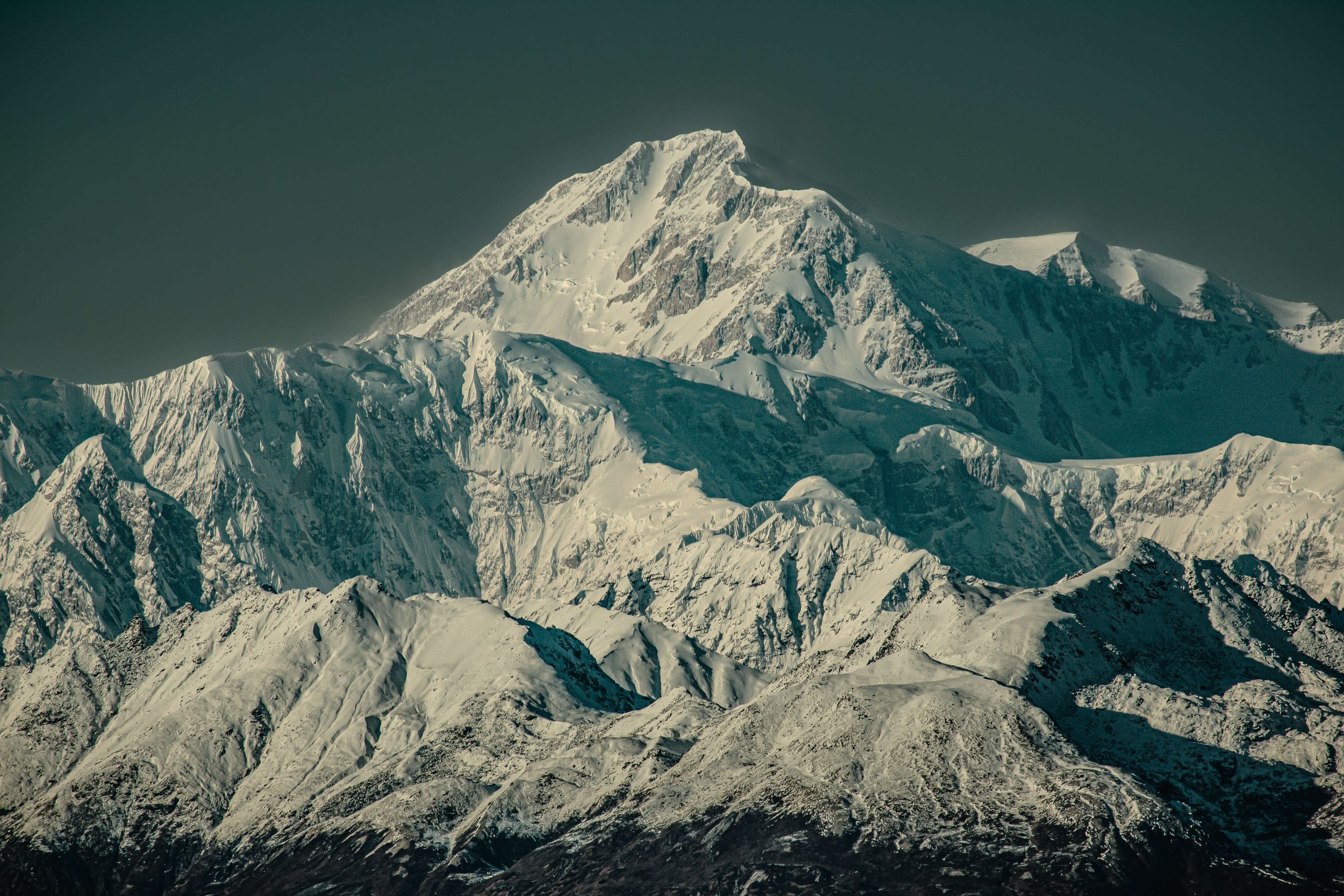 Denali, Mount McKinley, Alaska, USA, Denali National Park, photograph of snowcapped mountain peaks face, intimidating mountain range, glacial, glacier.