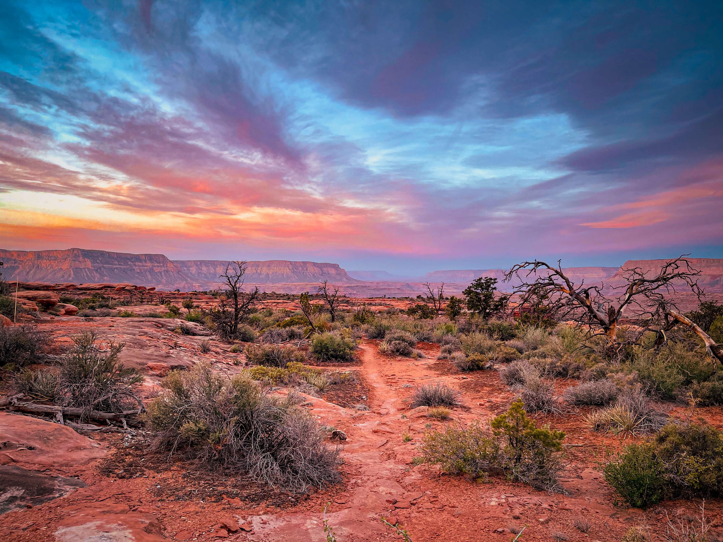 A stormy sunset hike in the remote north rim Bill Hall Trail, Deer Creek Loop Trail, Grand Canyon National Park, Arizona, USA, American Southwest, backpacking, hiking, REI, camping, desert canyon, river Colorado River, north rim, remote, blue sky, cl
