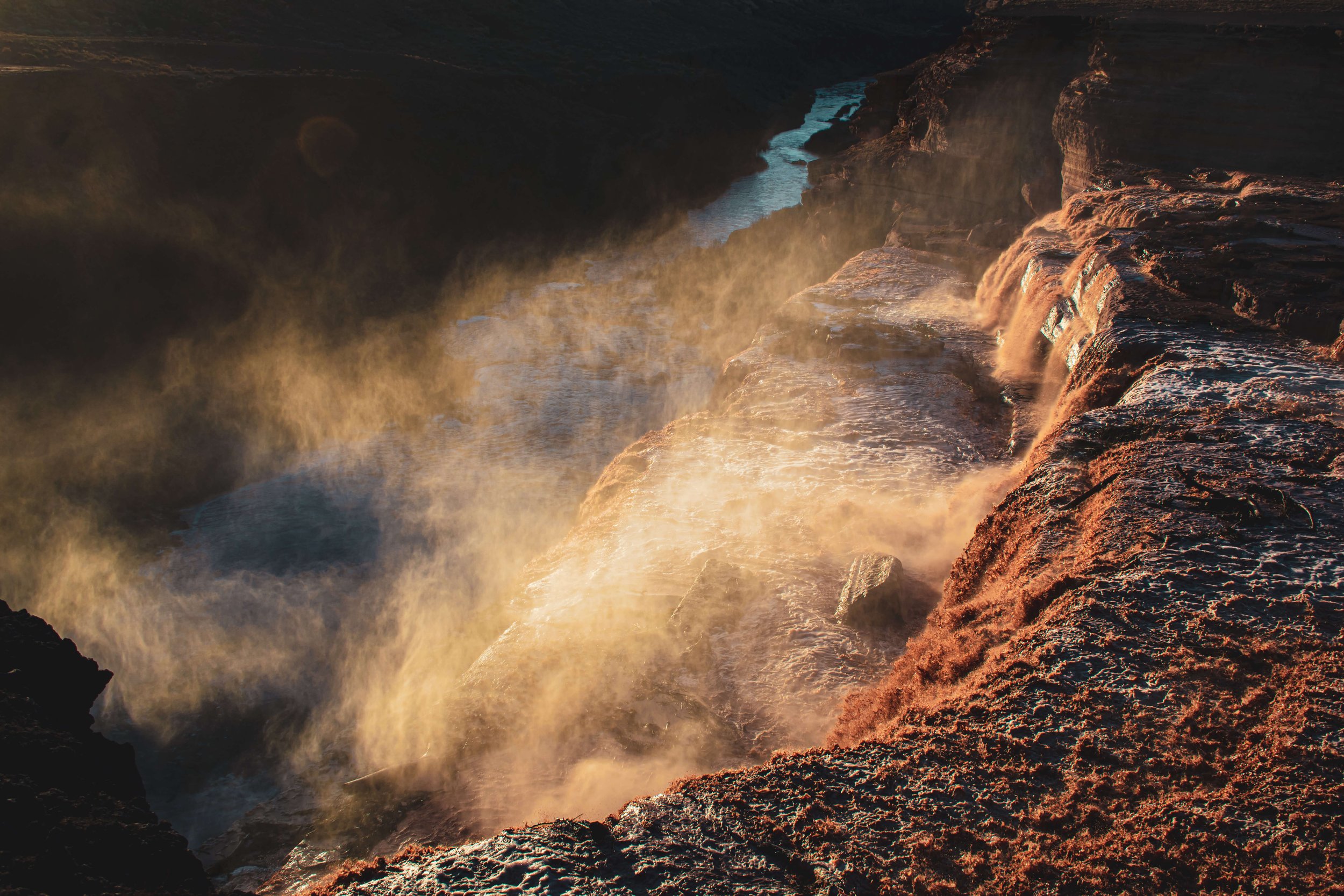 Roaring waterfall edge, sunlight mist, Grand Falls, Arizona, USA, desert, monsoon, monsoon rains, northern Arizona, chocolate waterfall, mud flow, American Southwest.