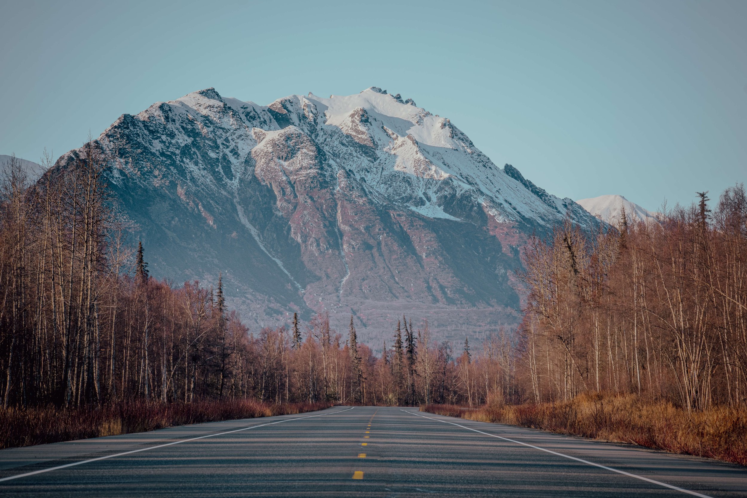 a remote lone highway road in the Alaskan wilderness, Alaska, USA, snowcapped mountain peaks, intimidating mountain range, forest trees in the foreground, road shot, winter highway.