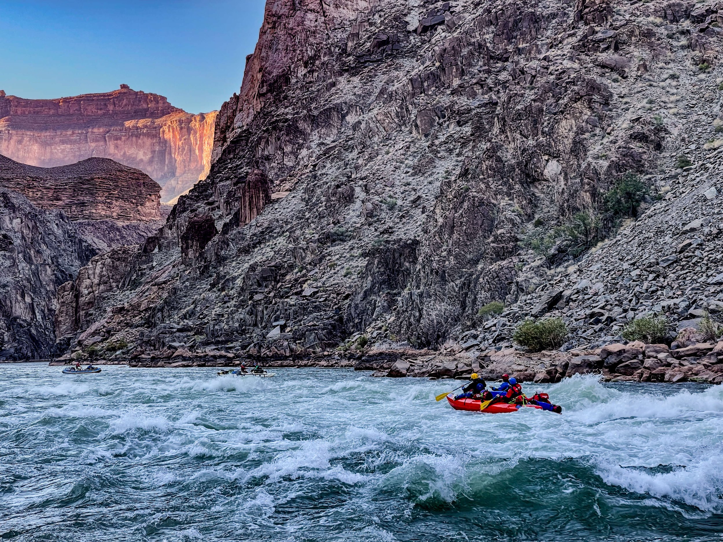 River rafters paddle down Hermit Rapids on the Colorado River, Grand Canyon, Arizona, USA, south rim, backpacking, Hermit Rapids Trail, Grand Canyon National Park, sunrise, sunset, desert, wonders of the world, hiking, canyon layers, northern Arizona
