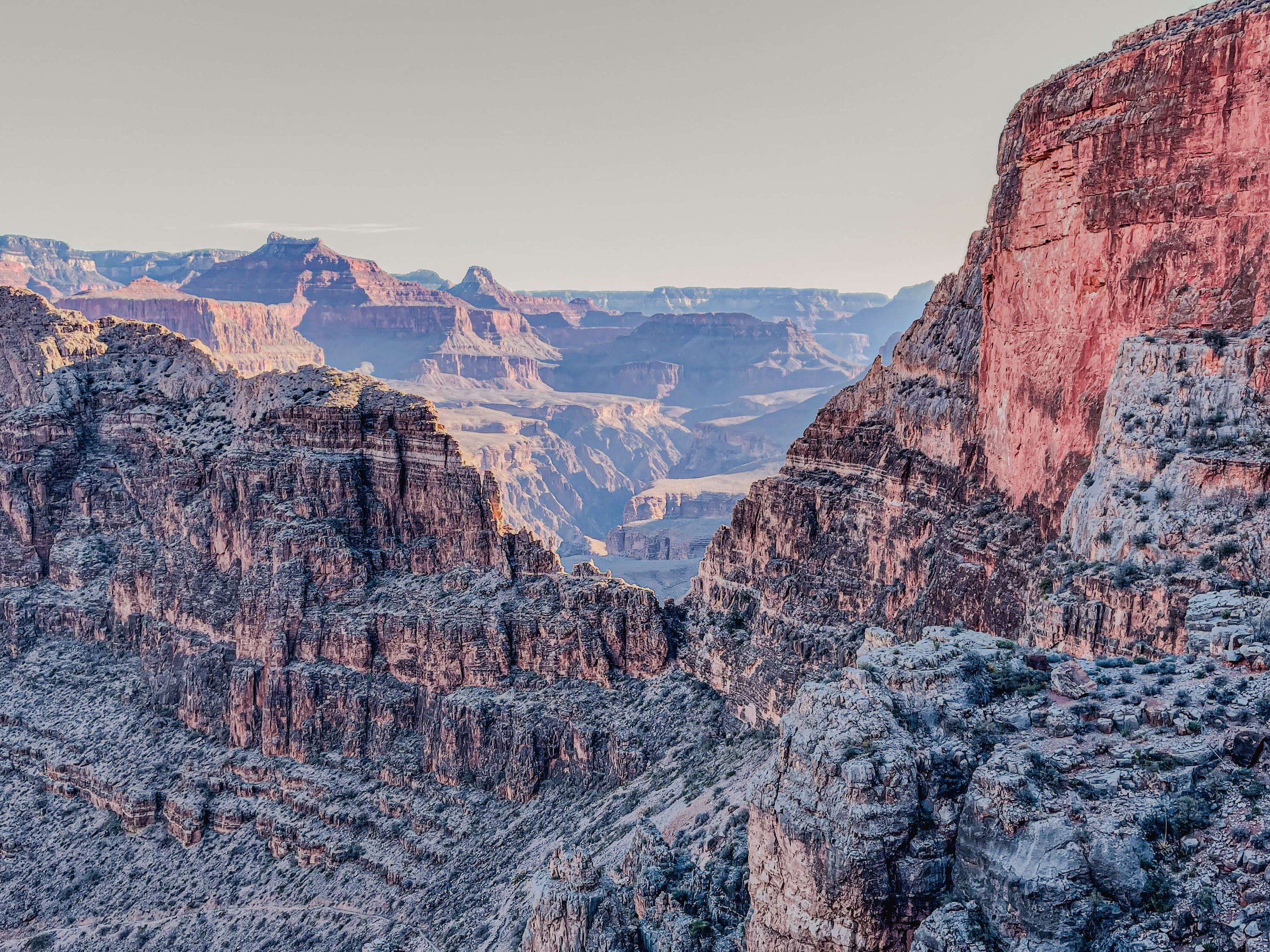 Soft lighting on the Grand Canyon, Arizona, USA, south rim, north rim, backpacking, Hermit Rapids Trail, Grand Canyon National Park, sunrise, sunset, desert, wonders of the world, hiking, Colorado River, American Southwest.