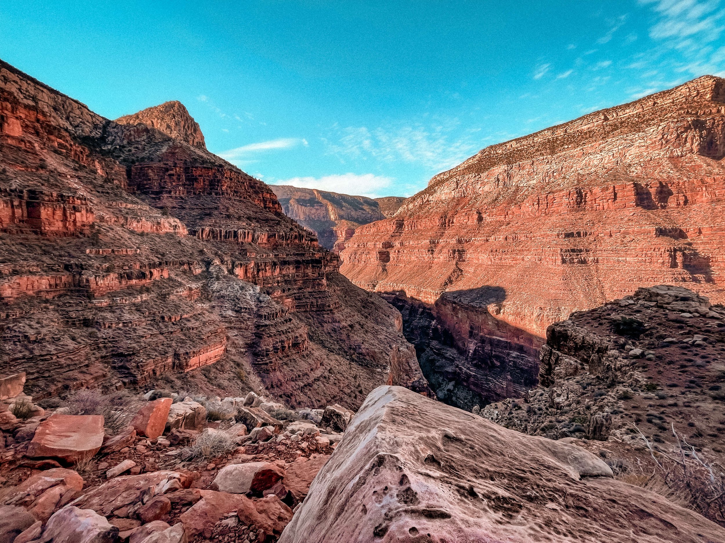 Soft lighting in the Grand Canyon, Arizona, USA, south rim, backpacking, Hermit Rapids Trail, Grand Canyon National Park, sunrise, sunset, desert, wonders of the world, hiking, Colorado River, canyon layers, northern Arizona, American Southwest.