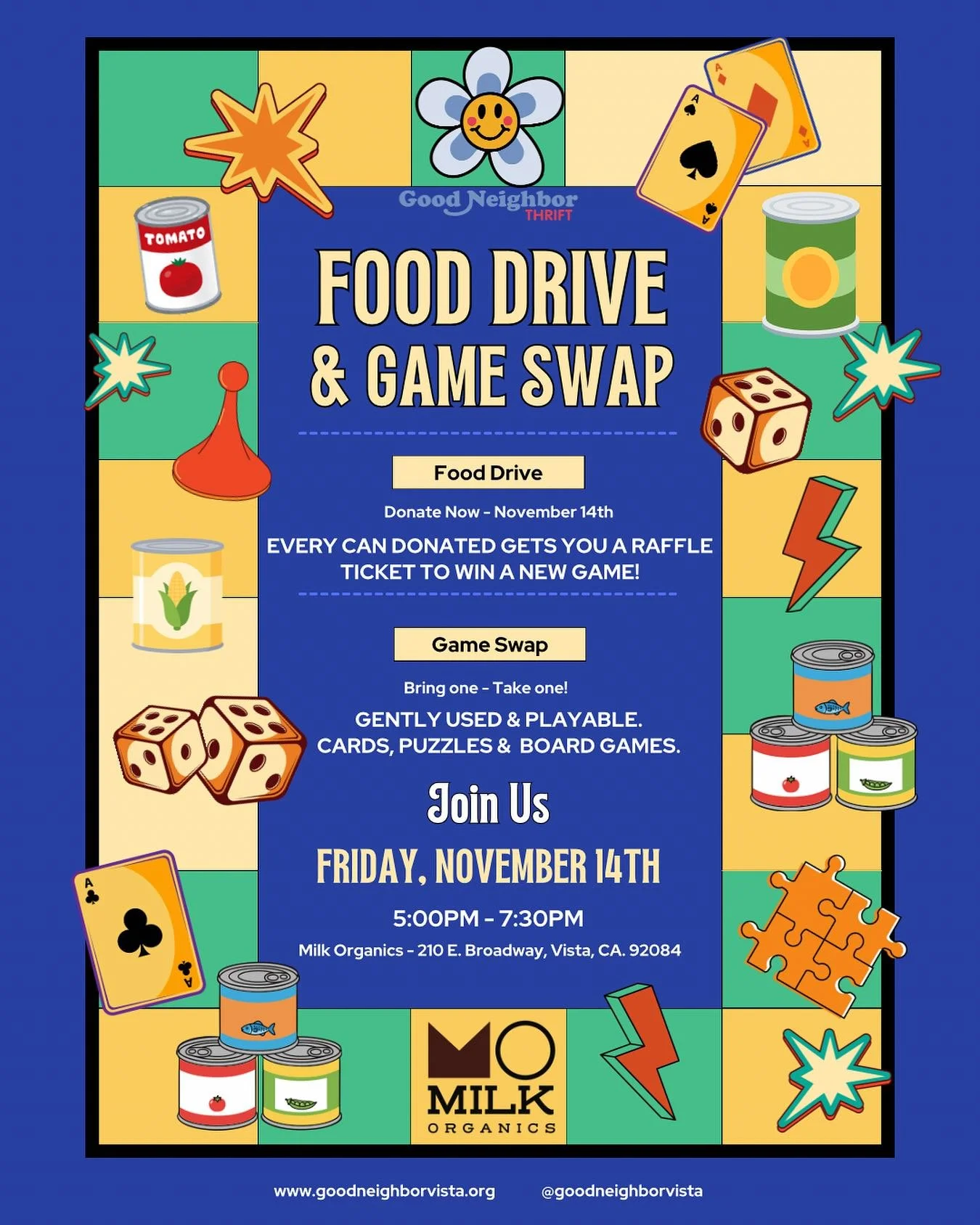 ✨ Join us for a community Game Swap + Canned Food Drive! ✨
Let&rsquo;s connect, share, and support one another while having a little fun along the way.
This gathering is a simple way to recirculate gently used games, meet neighbors, and help fill loc