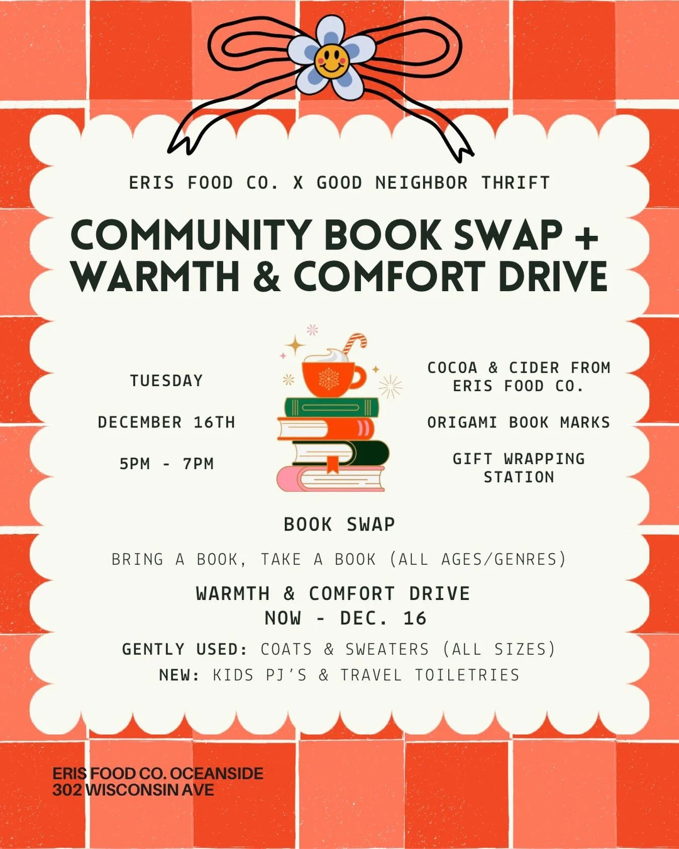 ✨We&rsquo;re teaming up with Eris Food Co. to host a cozy evening of books, cocoa, and community care. ✨

Join us for a simple, joyful way to give and connect this winter season.

📚BOOK SWAP📚
Bring a book, take a book &mdash; 
All ages + genres wel