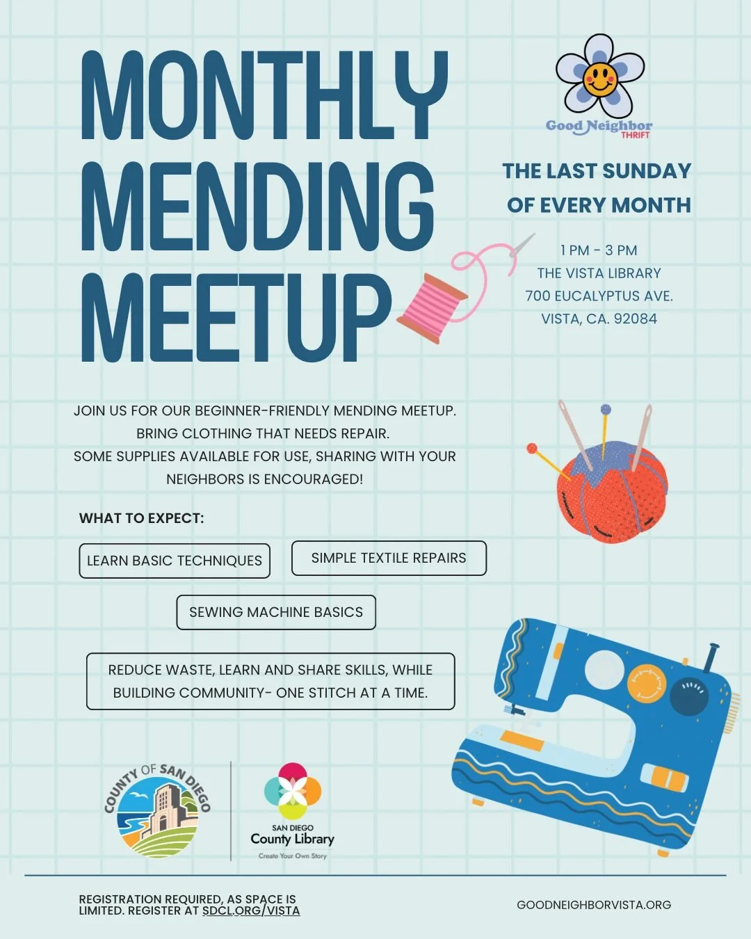 Ever wish you knew how to fix a small tear, loose button, or hem an item of clothing &mdash; but didn&rsquo;t know where to start? 🪡
We&rsquo;re hosting a Monthly Mending Meet-Up with the Vista Library, and it&rsquo;s designed to be simple, welcomin