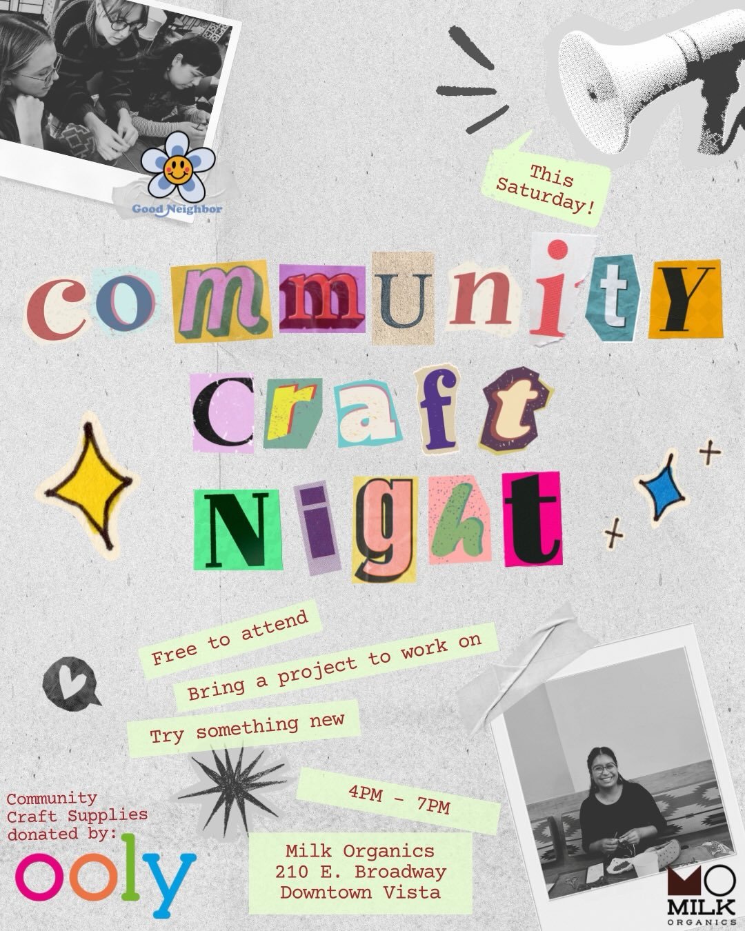 We&rsquo;re so excited to be back with you all this Saturday, February 21st for our official Community Craft Night! 
🧑&zwj;🎨🎨🤝

Details:
Drop in anytime between 4-7pm
Stay as long as you like!
Bring a current project you&rsquo;re working on
Or tr