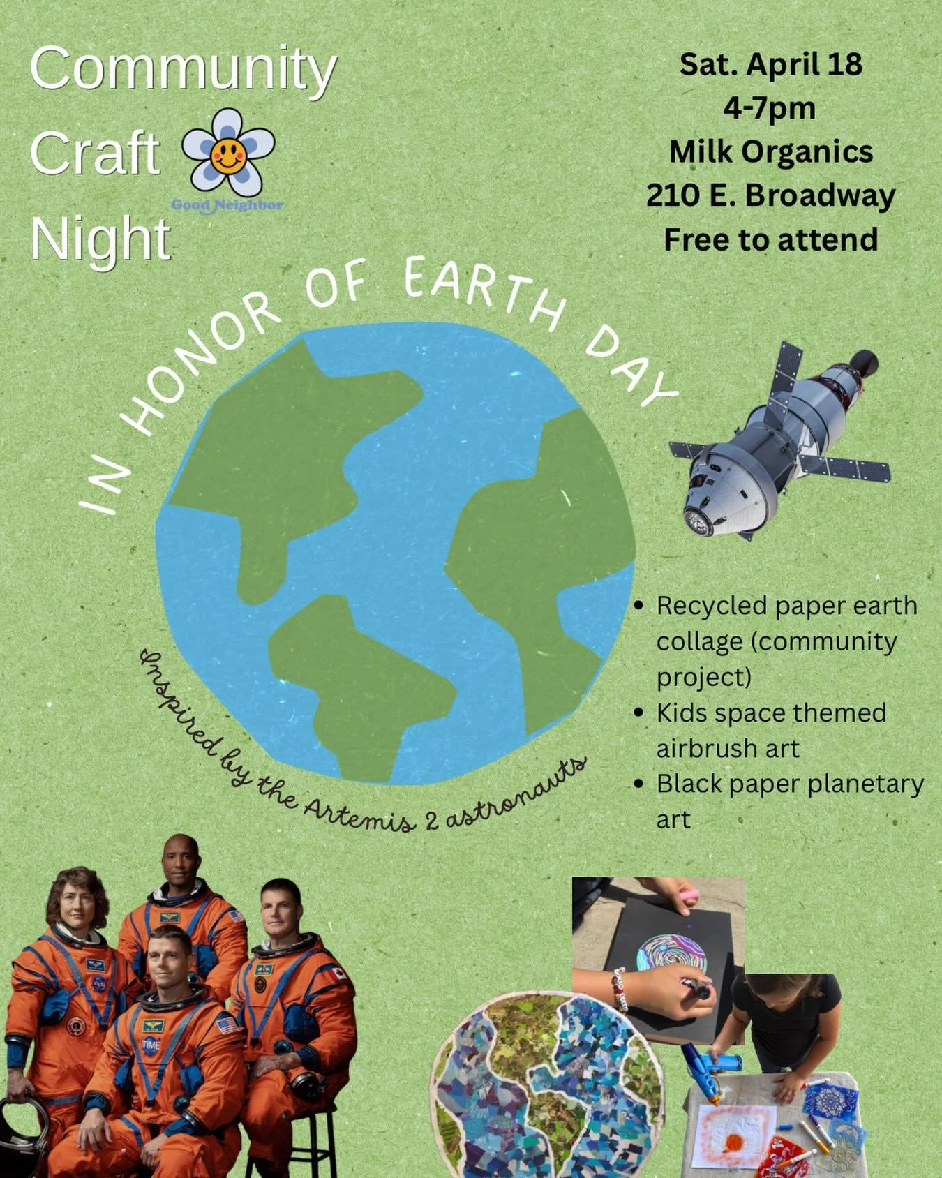We&rsquo;re so excited to be back with you again for Community Craft Night! 🌎⋆ ☄︎.&middot;˚ * 

This month we&rsquo;ve created some activities and crafts in honor of Earth Day, and inspired by the return of Artemis II journey around the moon! 

Plea