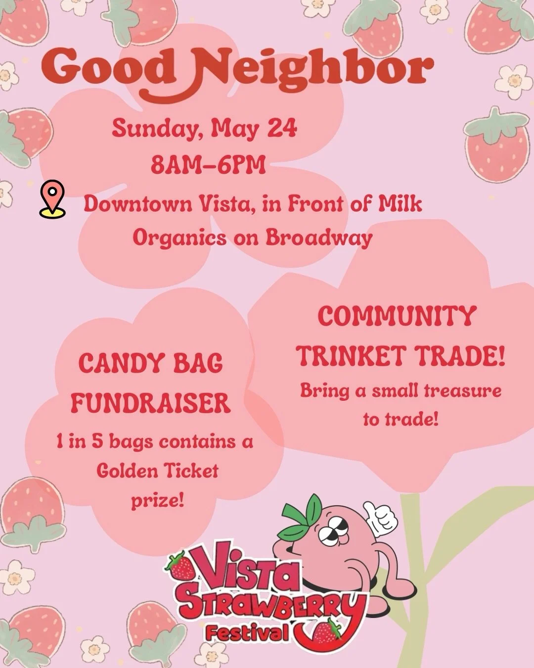 Come visit Good Neighbor at the Vista Strawberry Festival ₊˚⊹ ᰔ˙ ✩🍓⋆｡˚꩜

We&rsquo;ll be set up in front of Milk Organics on Broadway all day from 8AM&ndash;6PM with a few special things we&rsquo;ve been excited to put together for the community.

Th