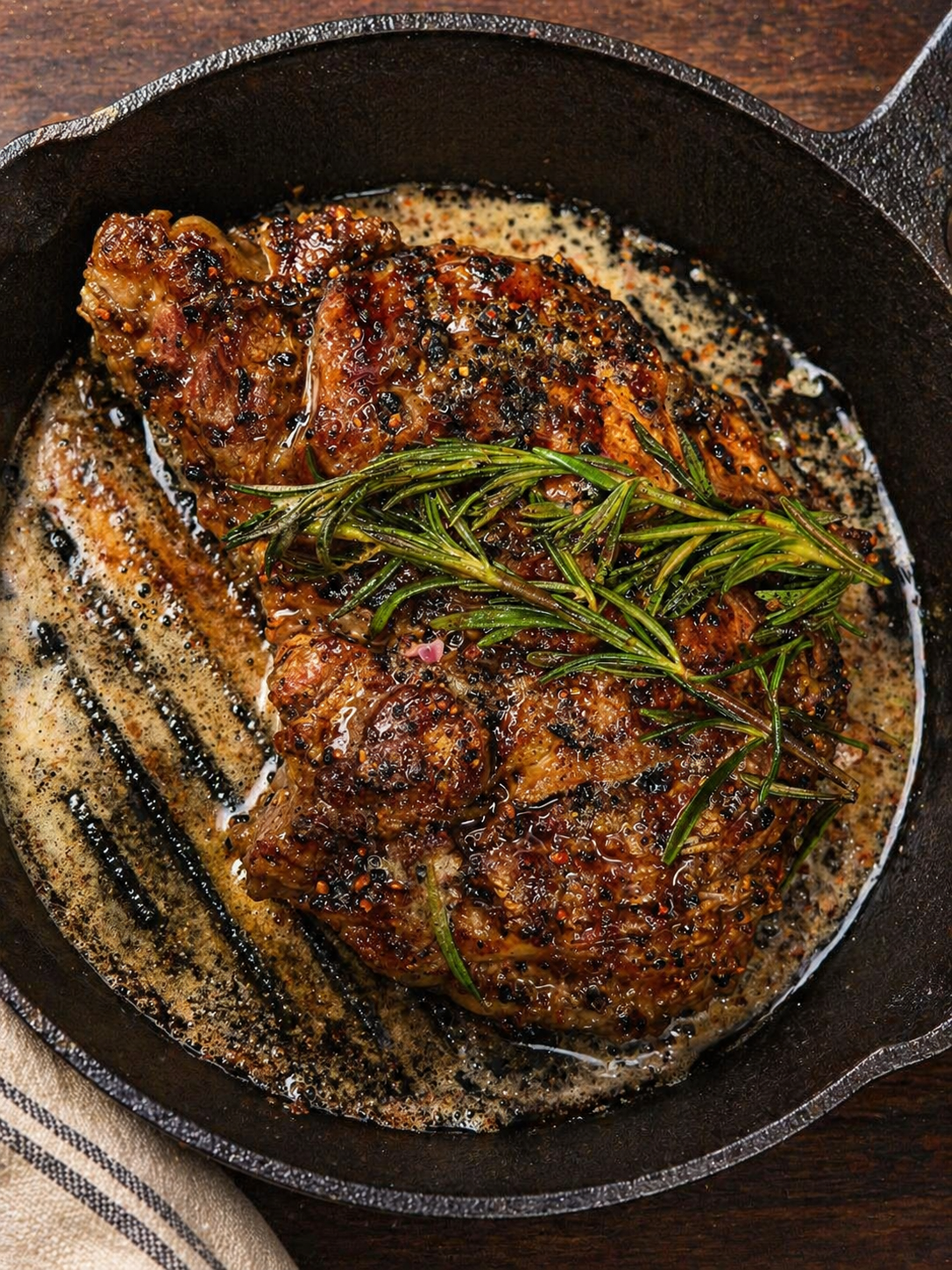 A cooked salmon fillet in a cast iron skillet topped with fresh rosemary and a spicy black pepper sauce.
