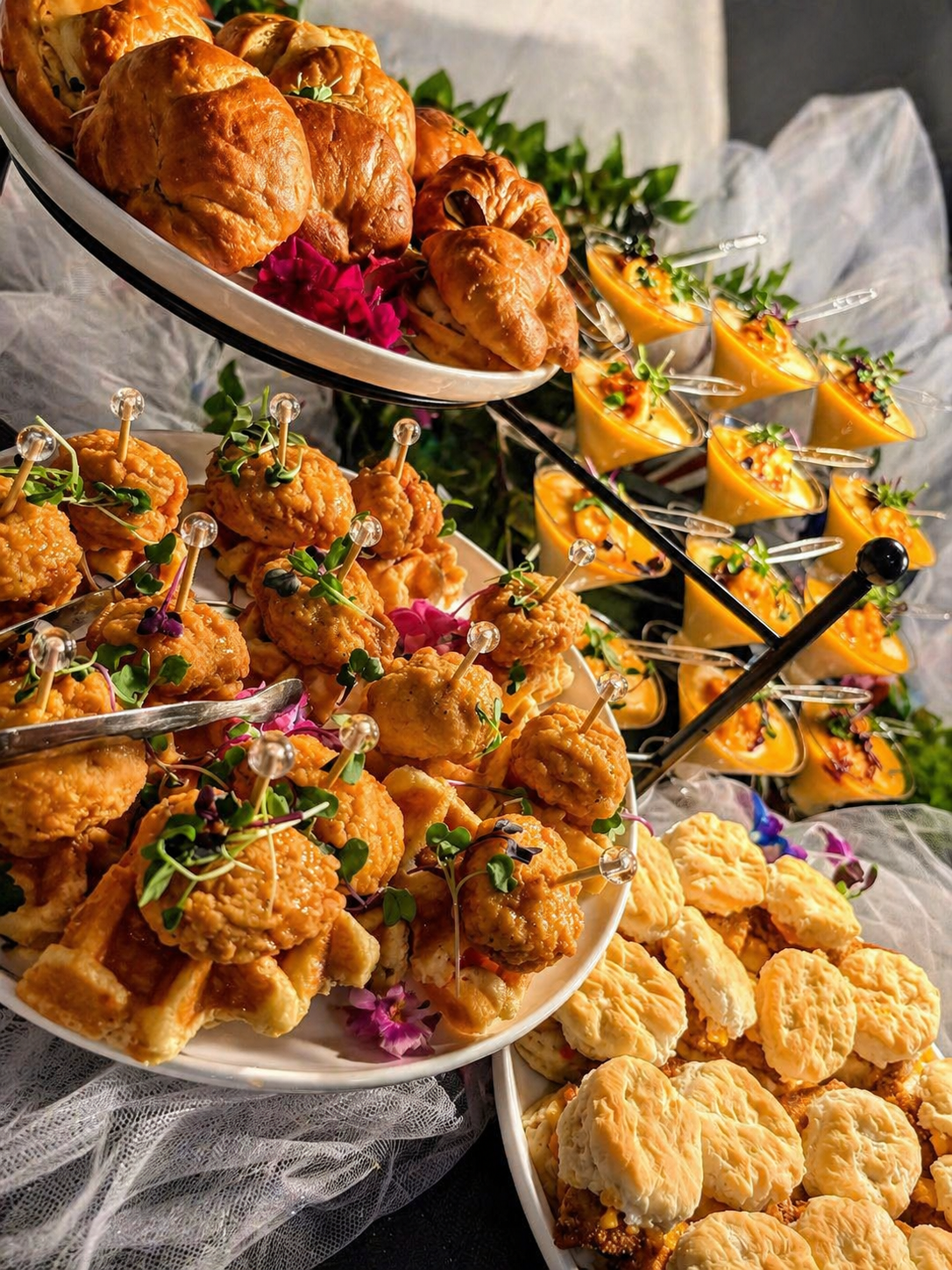 Assorted finger foods and desserts on multi-tiered serving platters, including mini sandwiches, fried chicken bites, mini cheesecakes topped with fruit and herbs, and small pastries, garnished with flowers and microgreens.