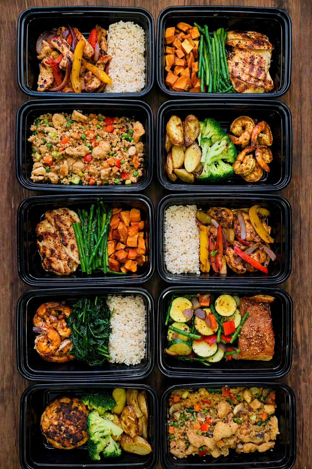 Six meal prep containers on a wooden surface filled with rice, grilled chicken, sautéed vegetables, shrimp, and various cooked vegetables.