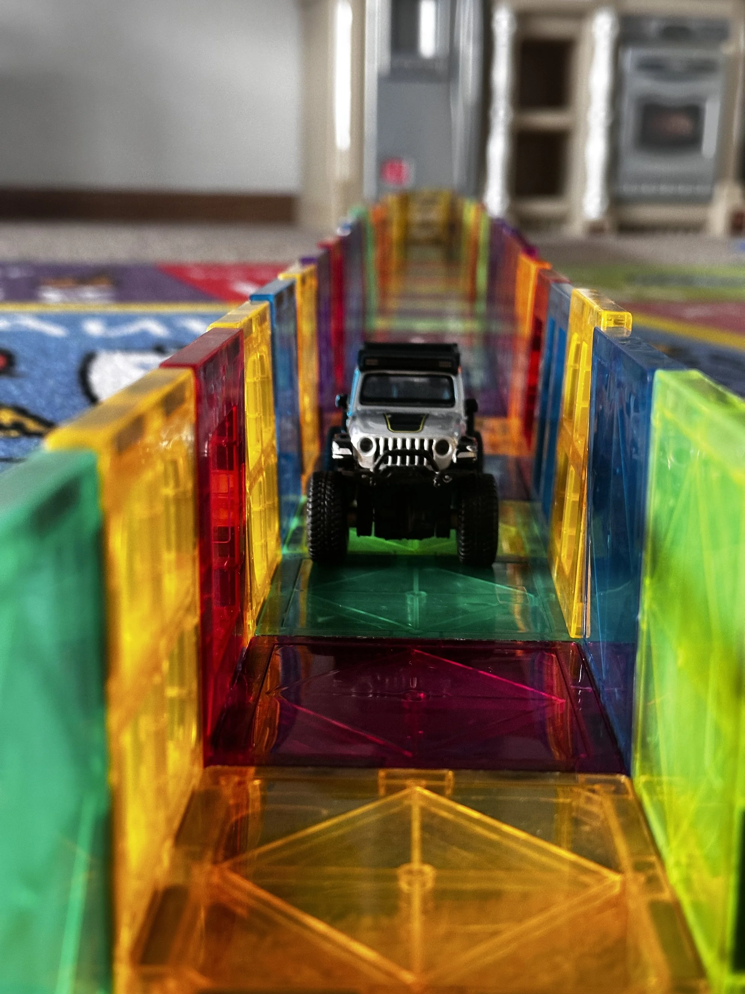 magnet tile road way with car