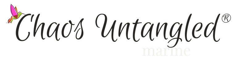 "Chaos Untangled® Marine division logo with hummingbird symbol and elegant script representing boutique yacht interior detailing and organizing services."