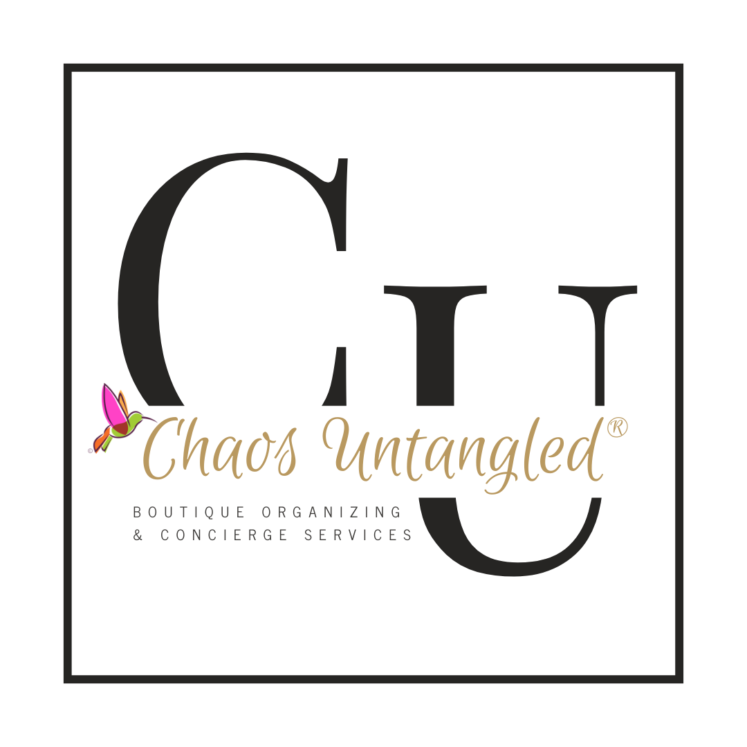 "Chaos Untangled® boutique organizing and concierge services logo featuring large CU initials with hummingbird symbol representing calm, balance, and transformation."