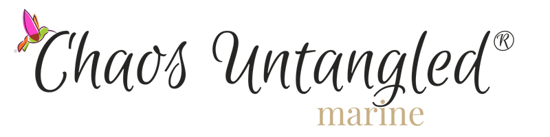 Chaos Untangled® Marine division logo with hummingbird symbol and elegant script representing boutique yacht interior detailing and organizing services.