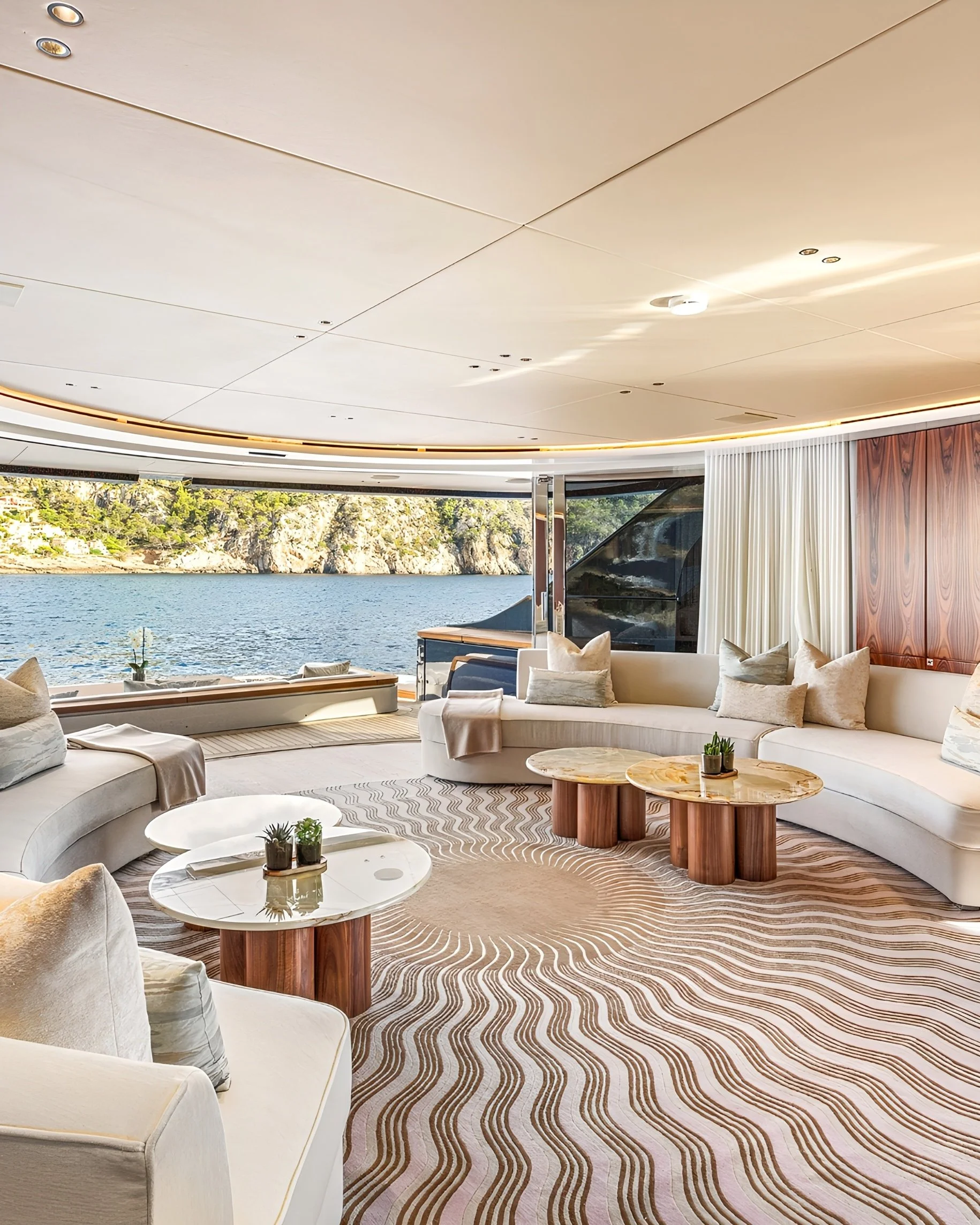 “Luxury yacht salon interior reset with organized seating and detailed finishes in Stuart Florida.”