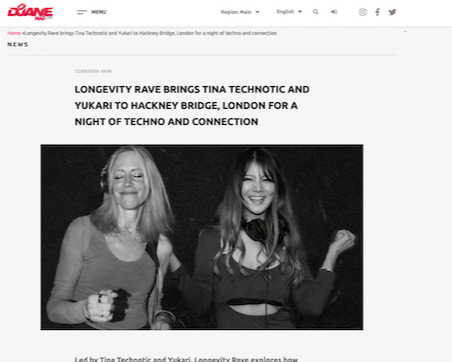 Published in DJane Mag, this feature tells the story of Longevity Rave bringing together the incredible energy of Tina Technotic and Yukari to Hackney Bridge, London for a night of techno and connection on 21 March 2026