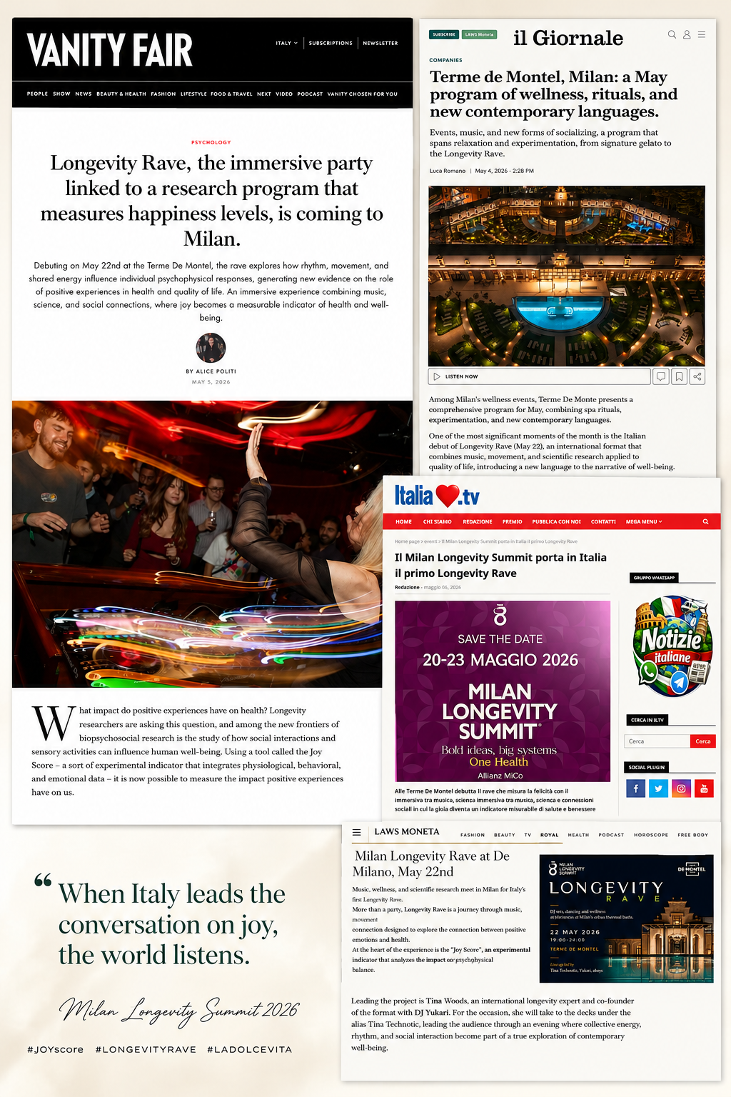 The JoyScore Experiment and Longevity Rave got extensive media coverage in the Italian press, including Vanity Fair and il Gironale, as part of the Milan Longevity Summit.