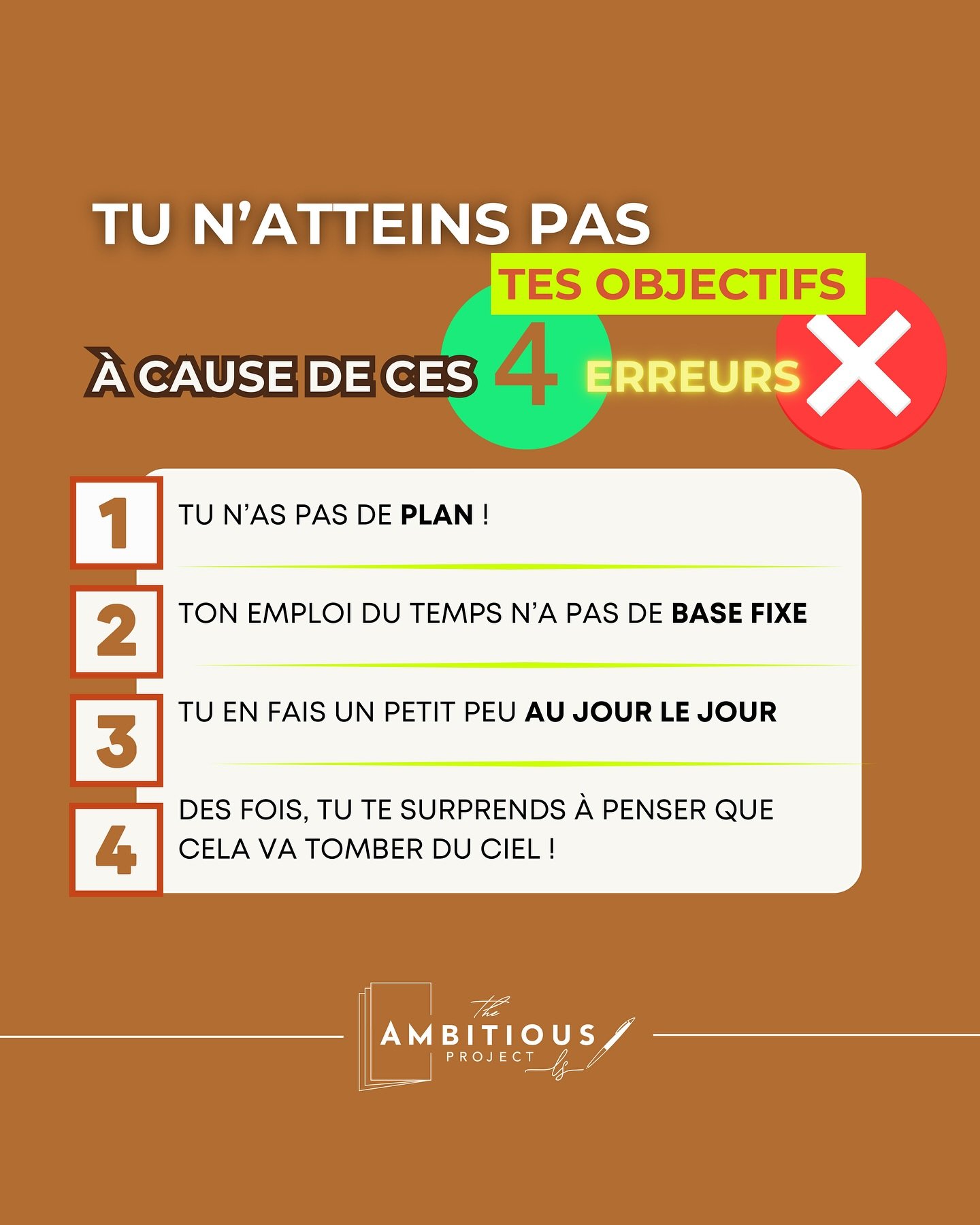 Tu te r&eacute;veilles tous les jours en te demandant pourquoi tu n&rsquo;as pas fait telle ou telle chose 😩 ? 

Tu as des objectifs pr&eacute;cis 🎯 que tu n&rsquo;atteins jamais mais tu sens bien que pourtant, c&rsquo;est accessible ? 

Je t&rsquo