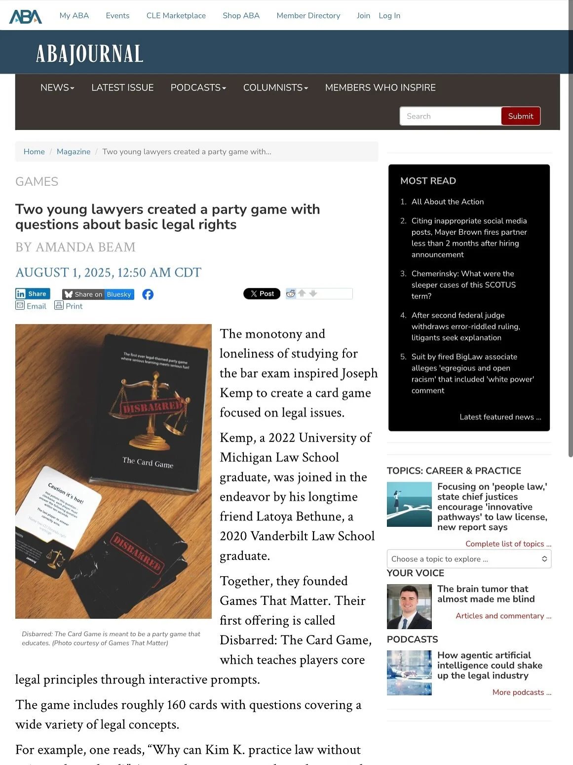 We’re in THE American Bar Association Journal! π€―π
DISBARRED: The Card Game was officially featured by the ABA for its impact and our mission to educate the public through interactive, accessible legal games π―π
This is a MAJOR honor &mdash