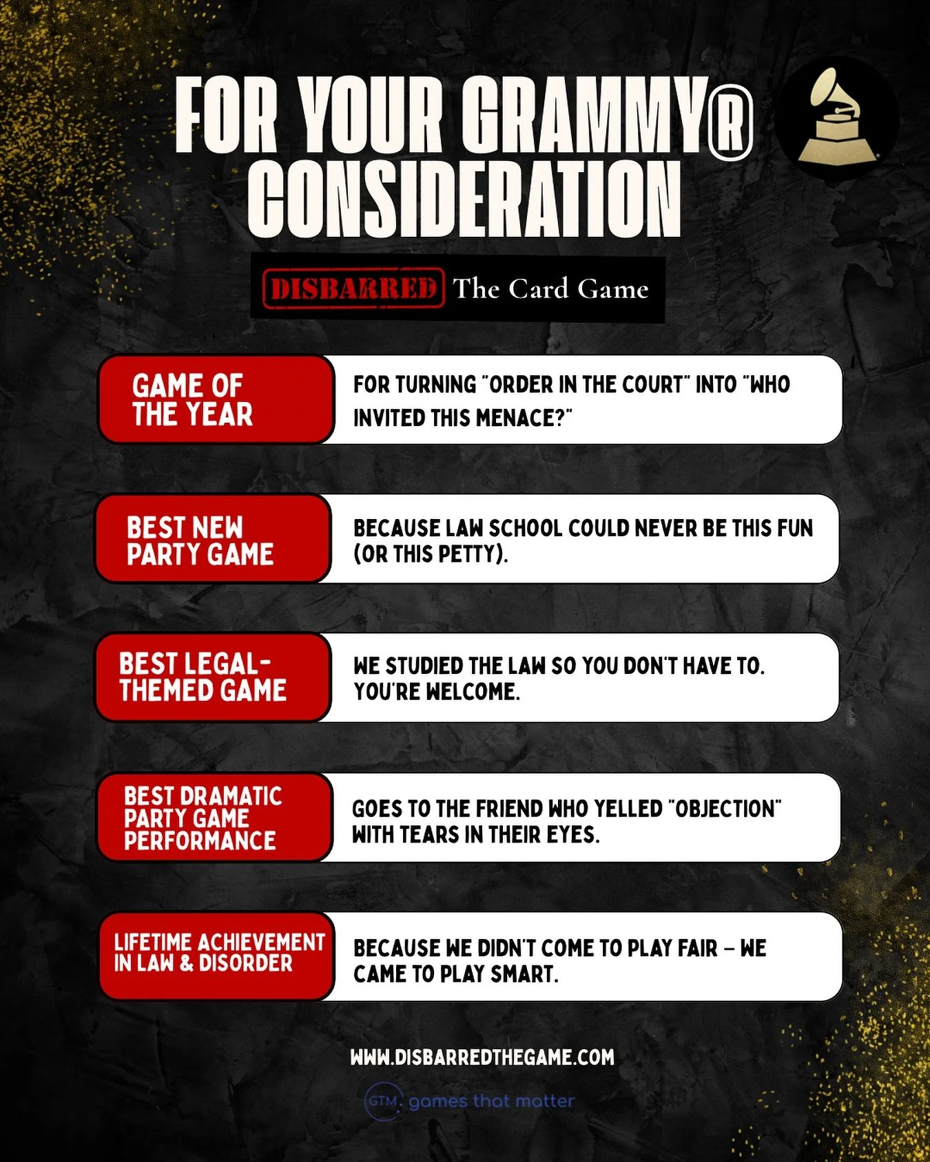 🎤 FOR YOUR GRAMMY&reg; CONSIDERATION 🎤

Yeah, we know it&rsquo;s not a music award&hellip; but if Uno can ruin friendships, why can&rsquo;t we ruin the Grammys?

🏆 Game of the Year &mdash; For turning &ldquo;Order in the court&rdquo; into &ldquo;W
