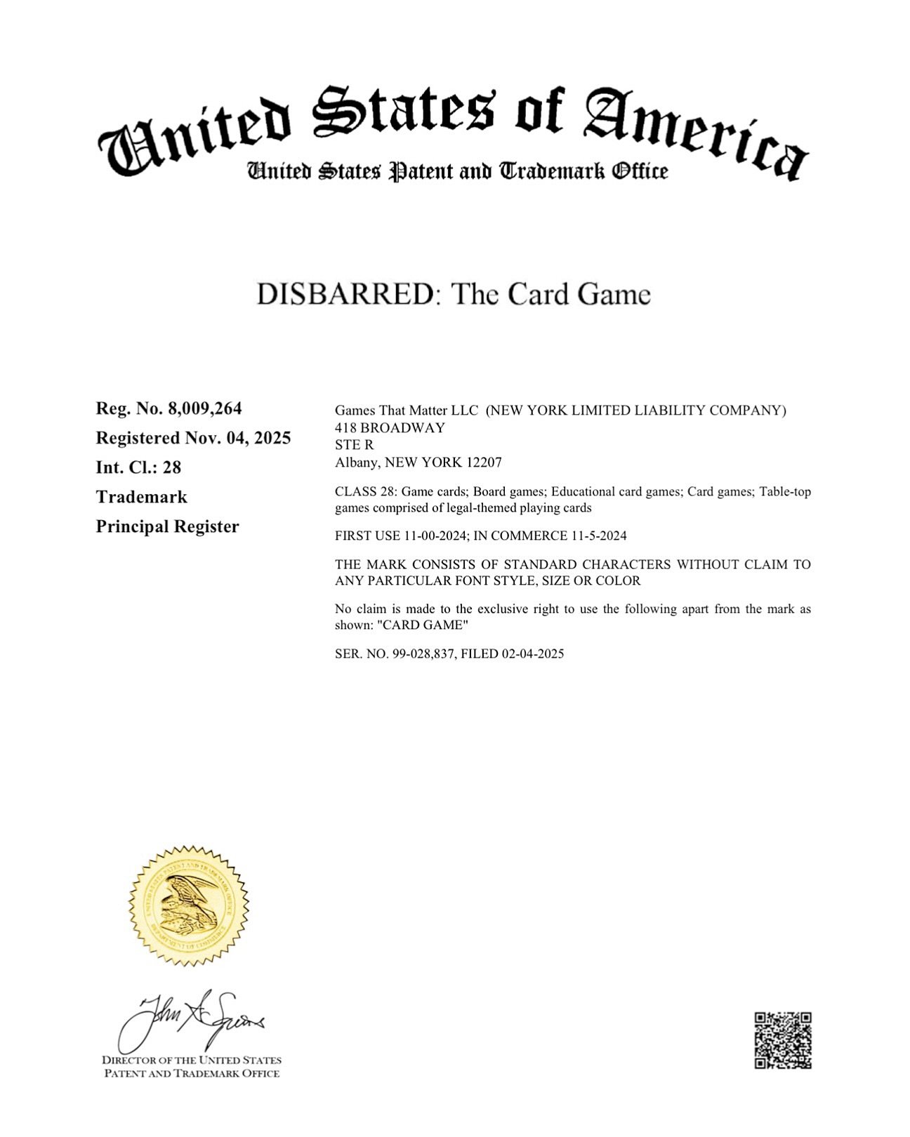 🎉 We just got awarded our trademark for DISBARRED: The Card Game&reg;!

If you&rsquo;re building a brand, this one&rsquo;s for you 👇

A trademark makes your name, slogan, and logo officially yours &mdash; no copycats allowed.

It takes time (8&ndas