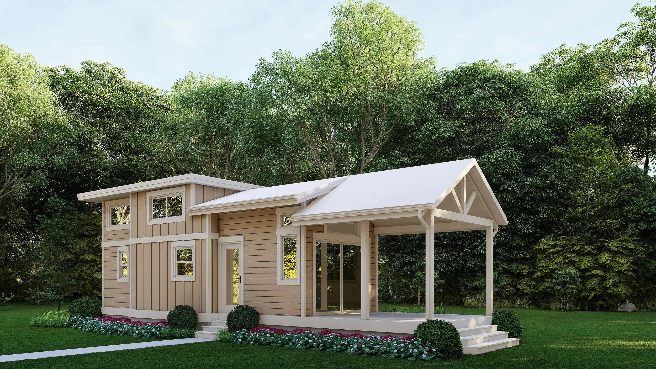 A modern two-story house with a beige exterior, white trim, and a front porch surrounded by green lawn and trees.