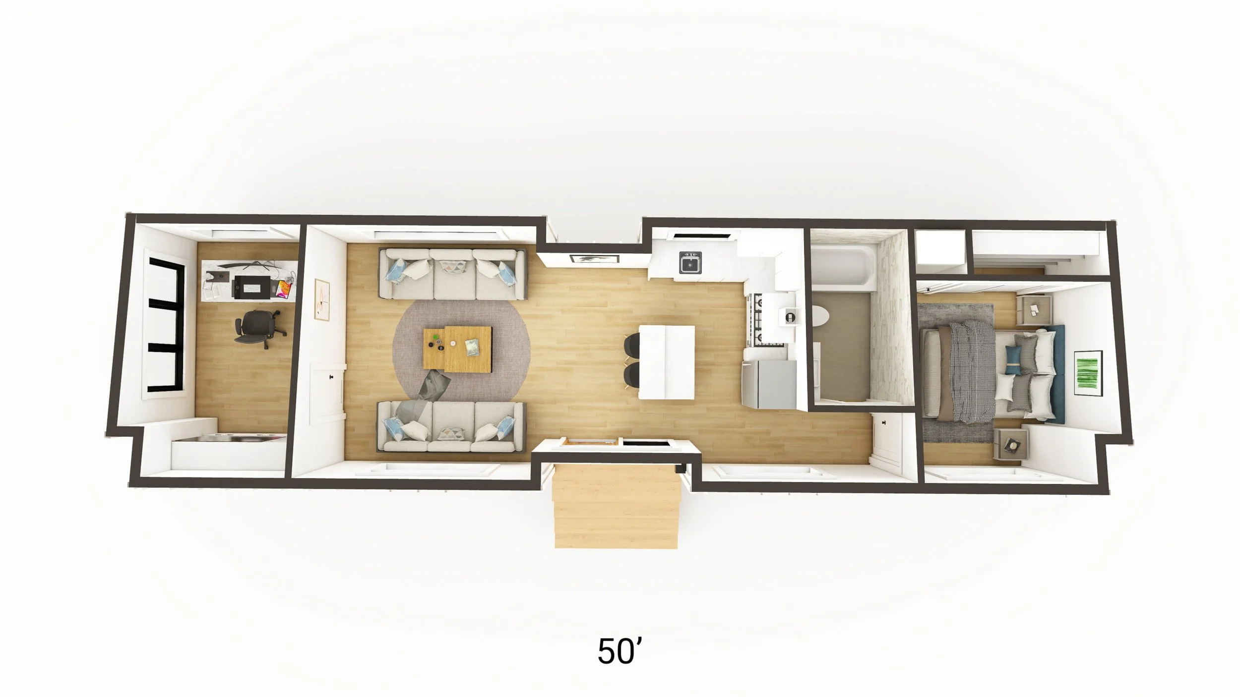 Floor plan of a rectangular apartment with two bedrooms, a living room, kitchen, bathroom, and a small office area, with a 50-foot scale.