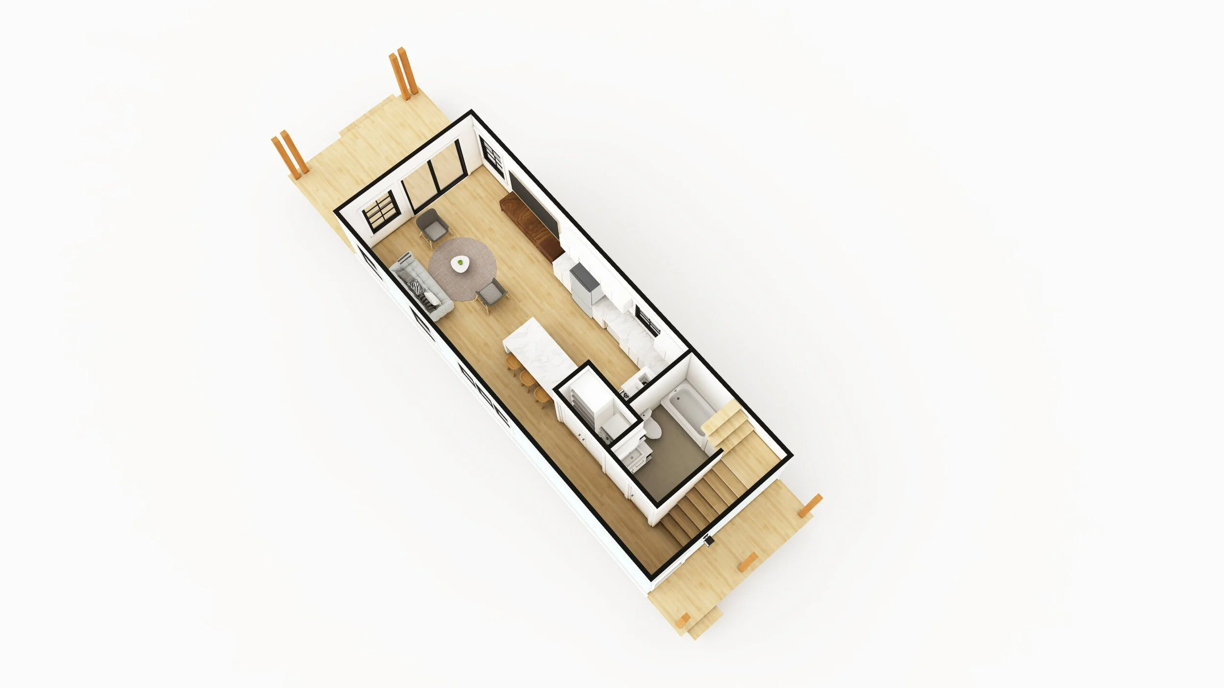 Top-down view of a modern, elongated apartment layout with a living area, kitchen, bathroom, and small outdoor decks at each end.