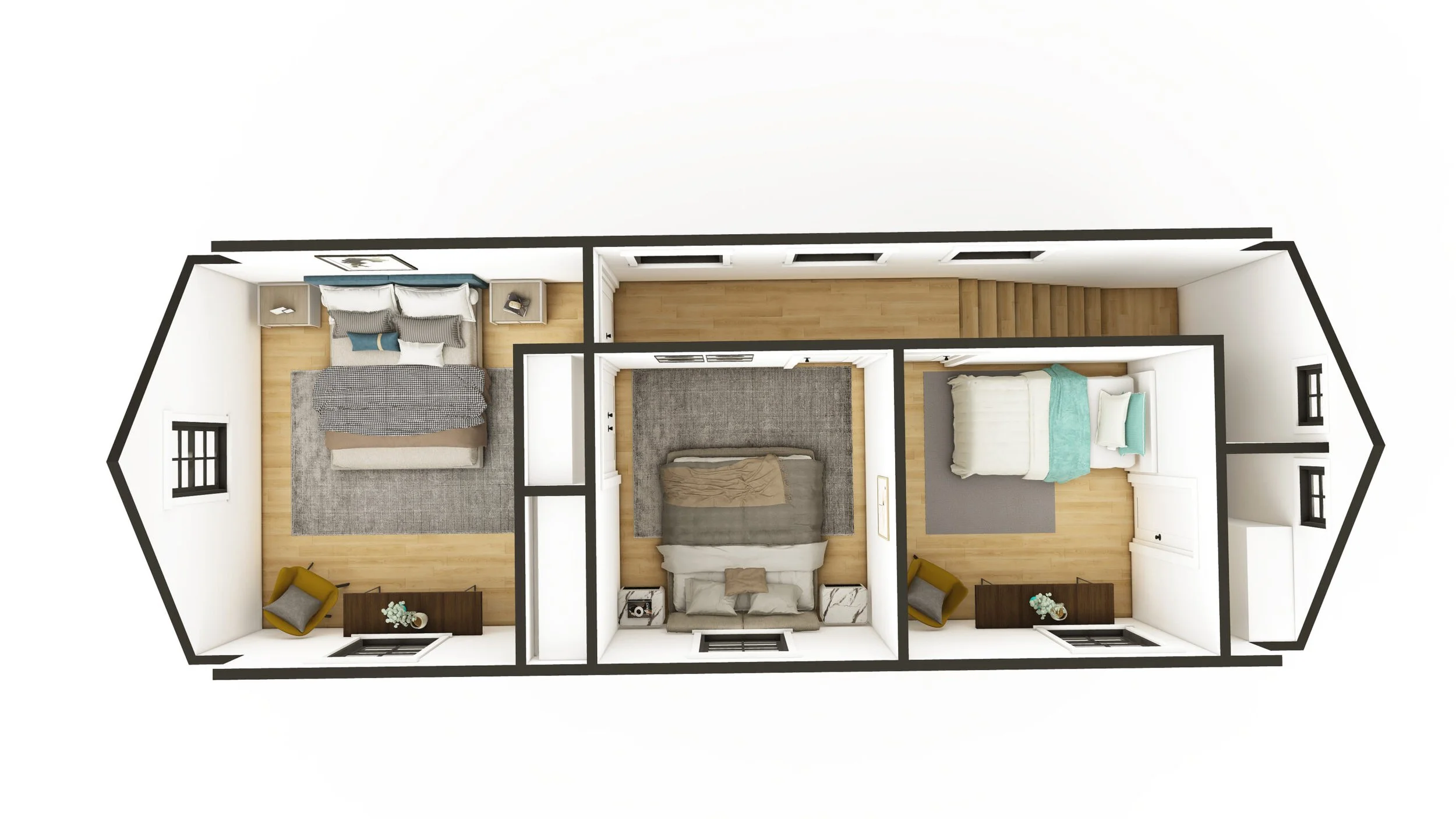 Top-down view of a three-bedroom apartment layout with two bedrooms on either side and one in the middle, featuring beds, nightstands, chairs, side tables, and dressers. The apartment has hardwood flooring and white walls, with windows on each room and a staircase leading upstairs.