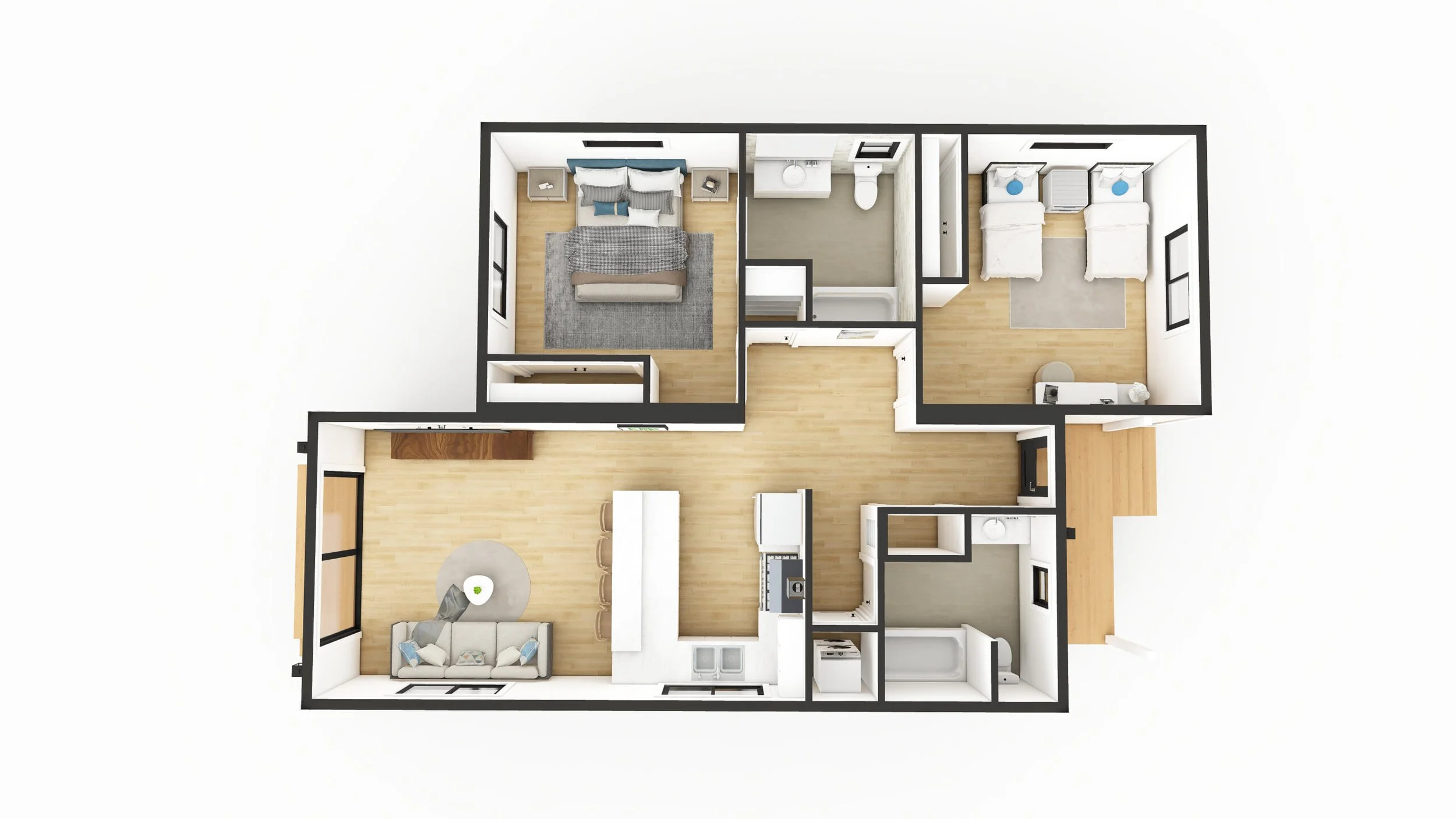 Top-down view of a two-bedroom apartment with a living room, kitchen, dining area, and two bathrooms.