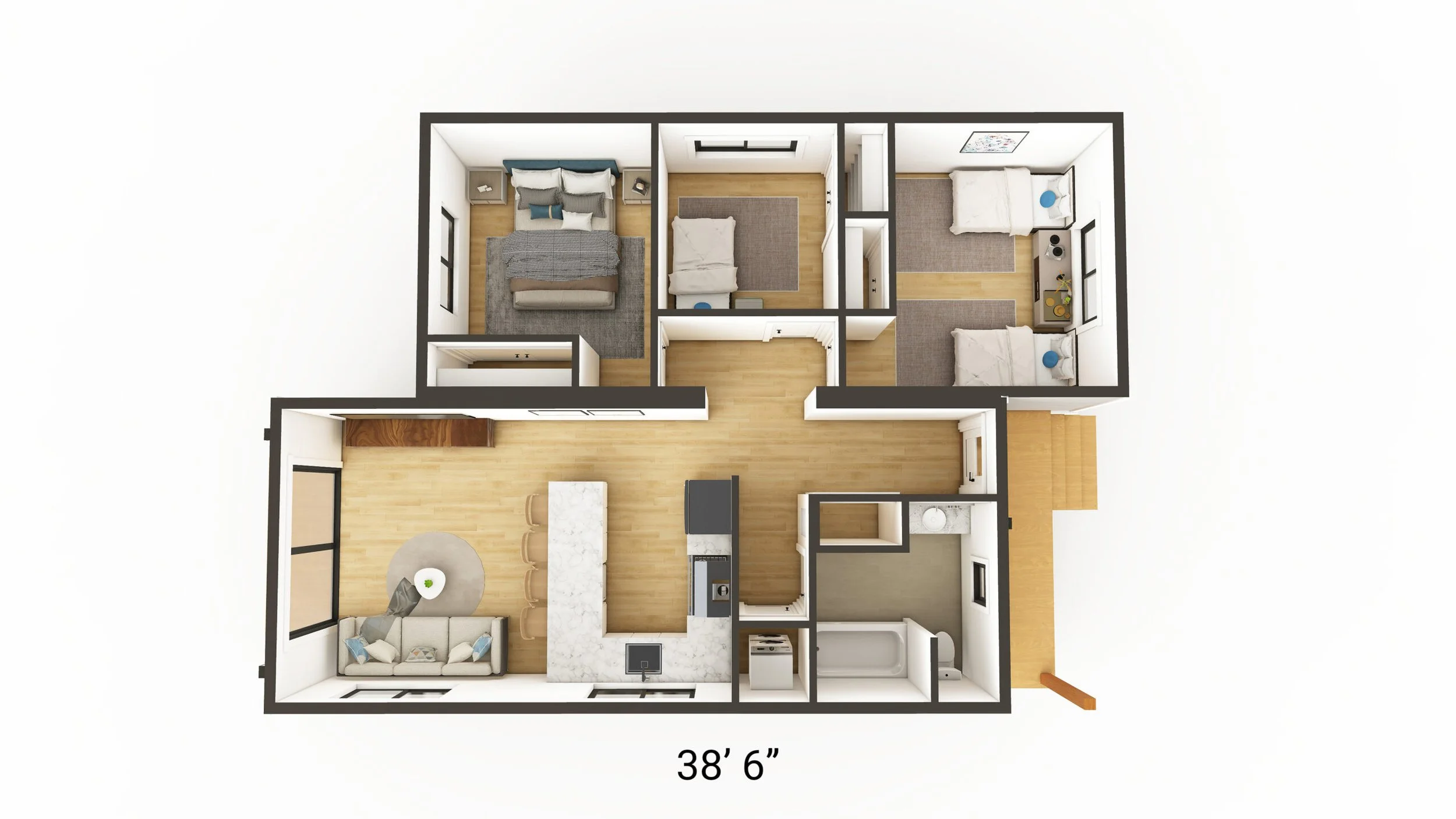 A 3D floor plan of a house showing a living room, kitchen with island, bathroom, and three bedrooms with beds and furniture.