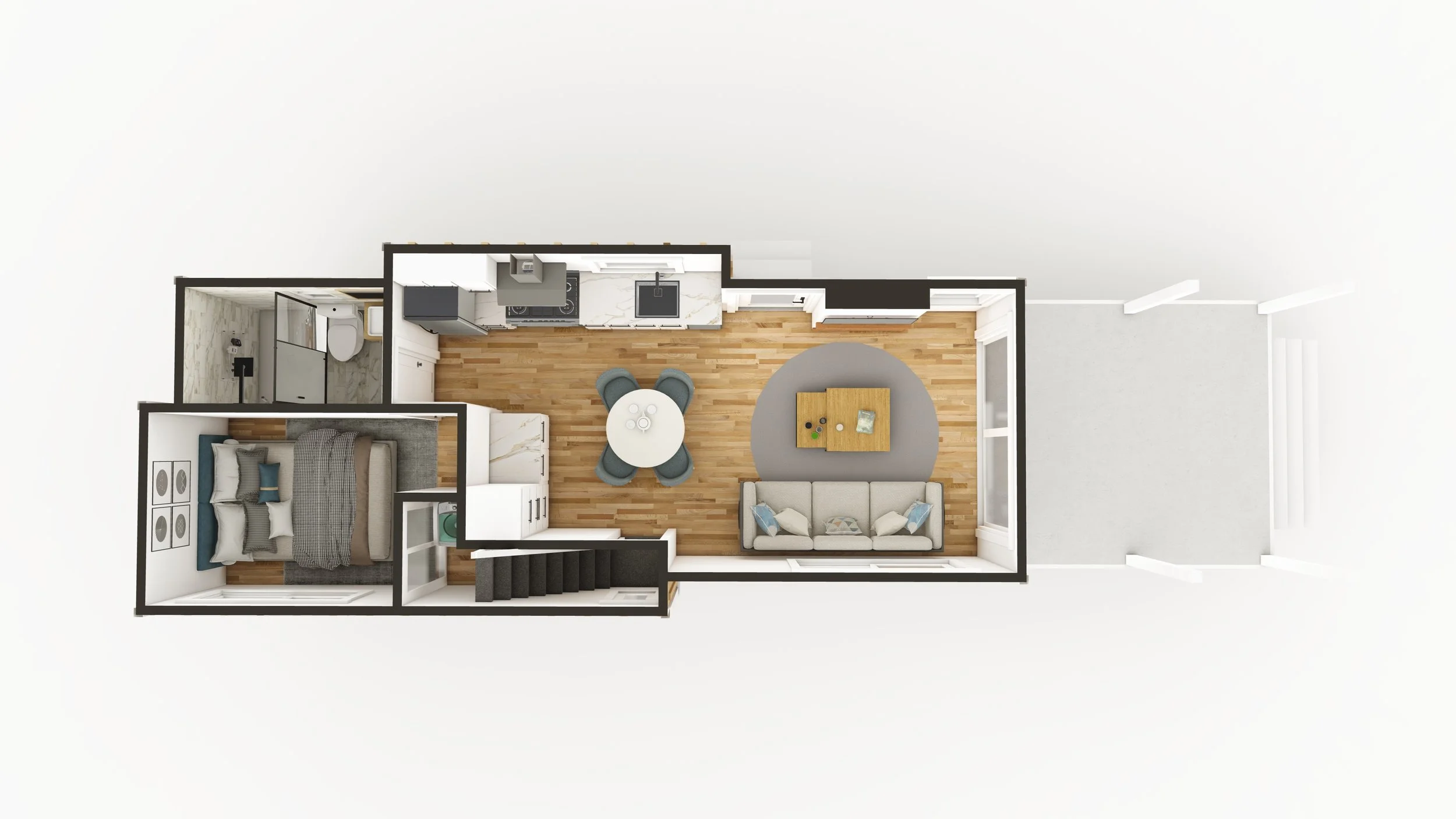 Top-down view of a small apartment with a bedroom, bathroom, kitchen, dining area, and living room featuring modern furniture and hardwood flooring.