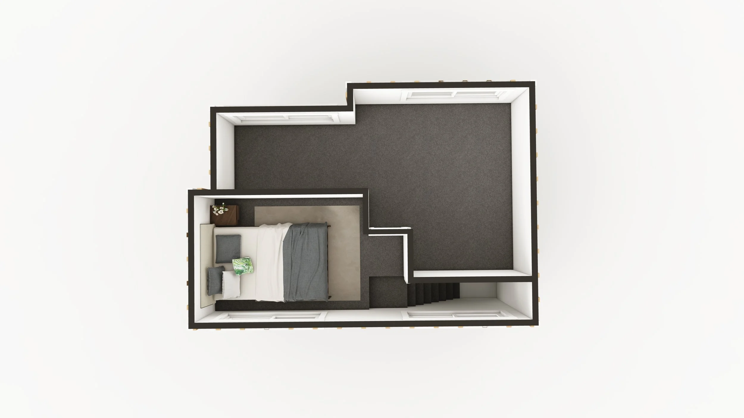 Top-down view of a bedroom with a bed, nightstand, and a small decorative item, connected to a large empty room with dark carpet.