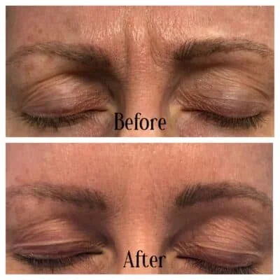 Close-up of a person's closed eyes showing a before and after comparison of makeup application, with the top labeled 'Before' and the bottom labeled 'After'.