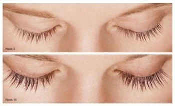 Comparison of eyelash growth, showing sparse eyelashes at week 0 and fuller eyelashes at week 16.