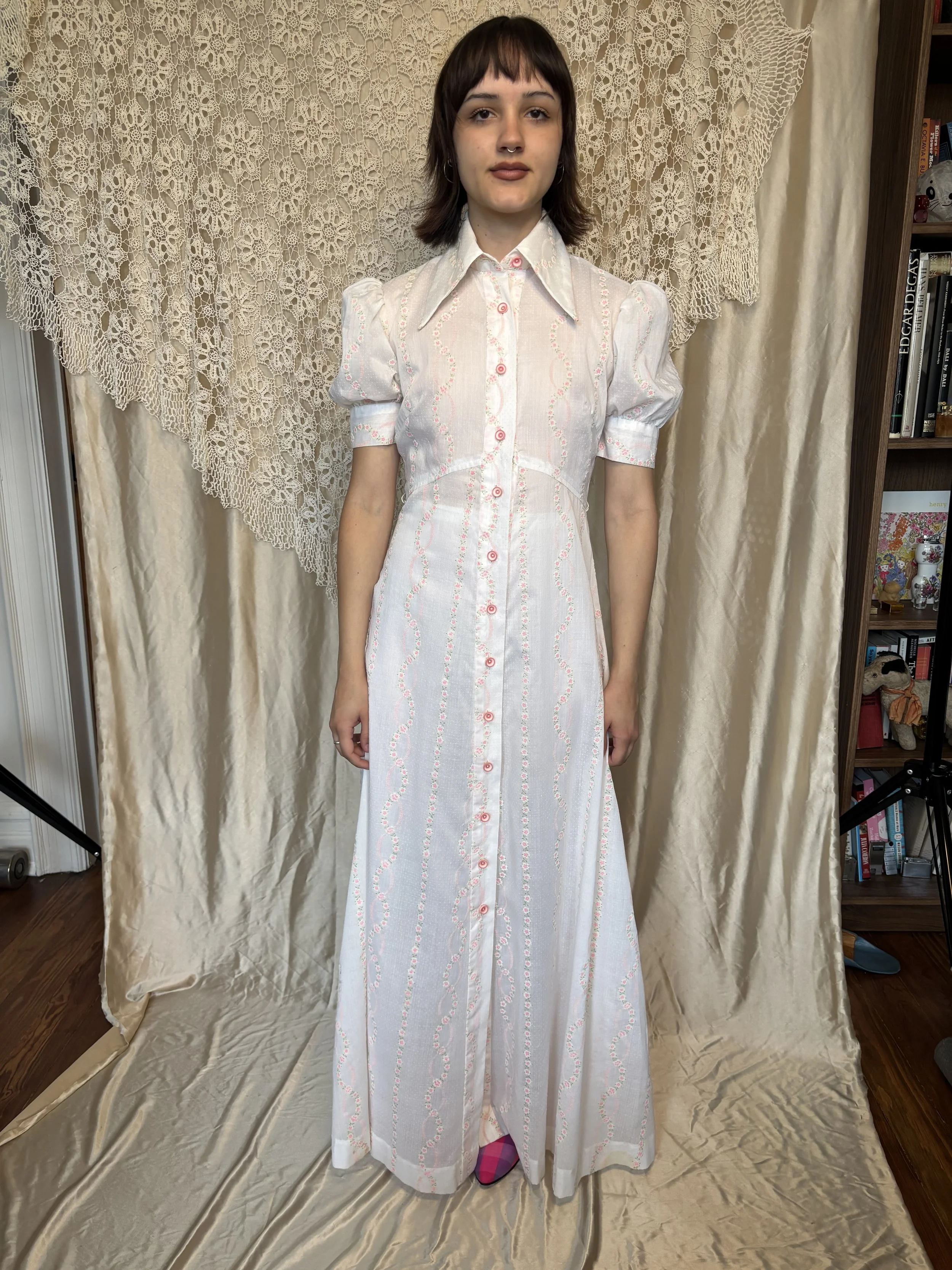 1970's White Maxi Floral Dress