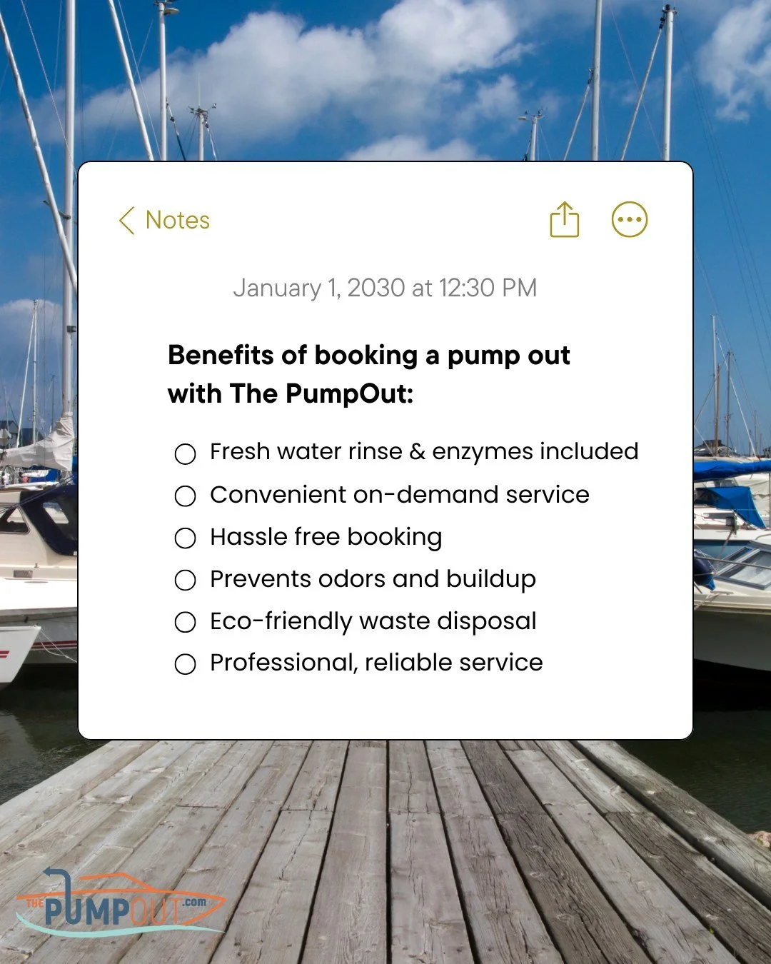 Quick note: Why choose The PumpOut? Because we go beyond pumping out! Fresh water rinse, enzymes, and convenience all included!