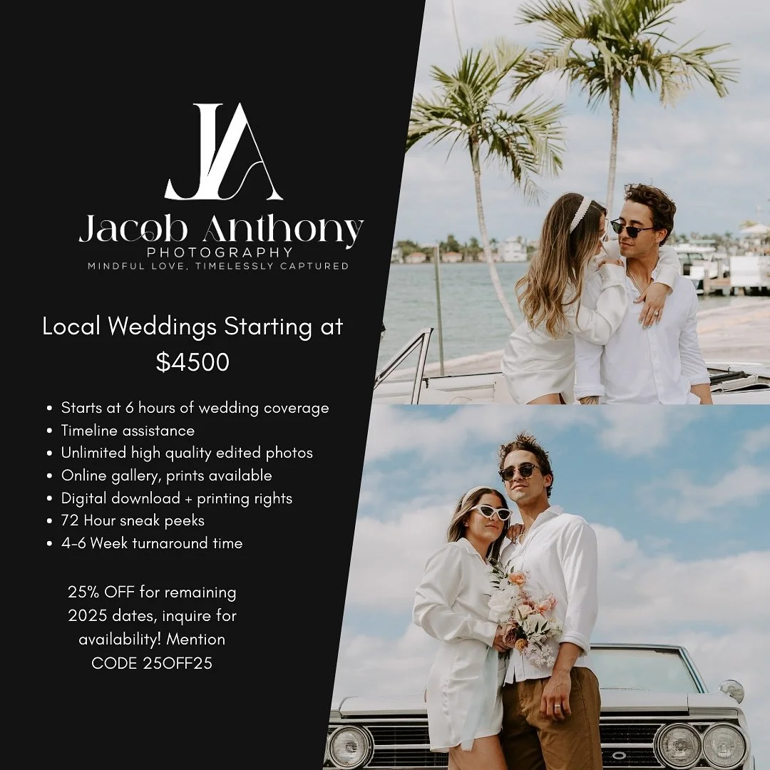 25% off remaining weddings for 2025! 

Hey hey my friends!!! If you&rsquo;ve got a wedding THIS year- 2025- and you haven&rsquo;t found your photographer yet: let&rsquo;s get this party started!!! 

For any remaining availability I have for weddings 