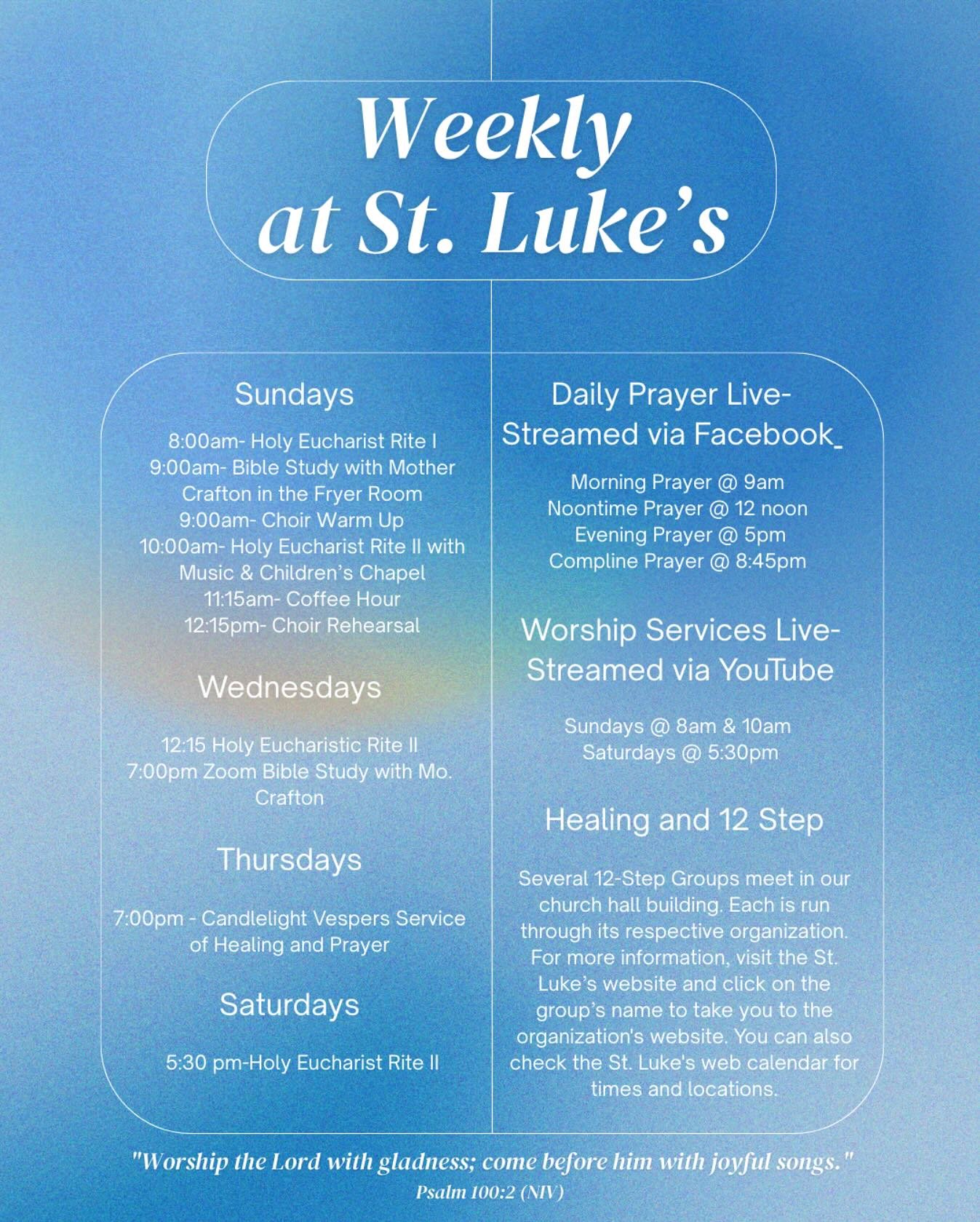 Join us for some of our weekly offerings by DMing us here, calling our office at (732)548-4308, emailing secretary@stlukesmetuchen.org, or visiting our website at stlukesmetuchen.org for more info!
