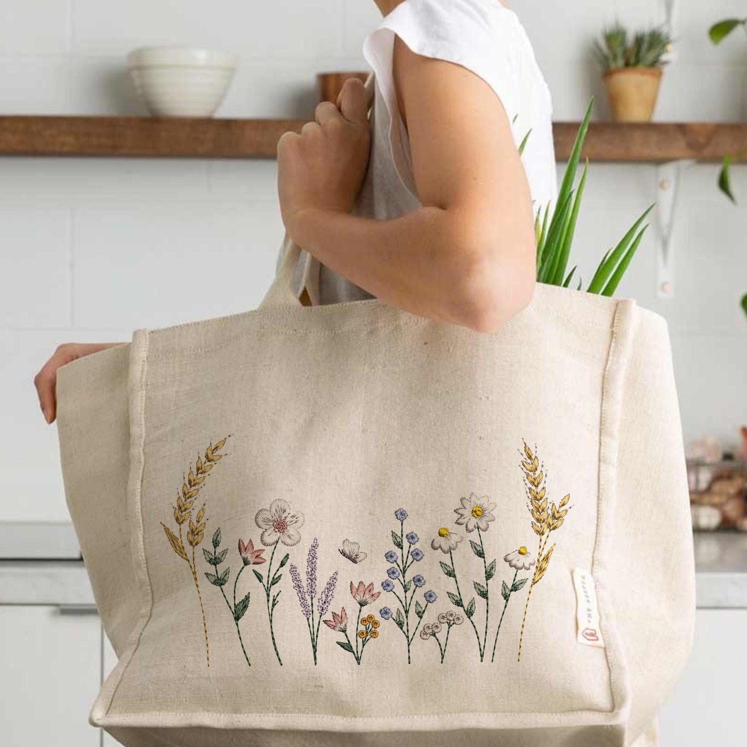 Summer Wildflowers Machine Embroidery Design embroidered on an oversized handbag